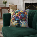 Decorative pillow with a colorful floral design on a white background