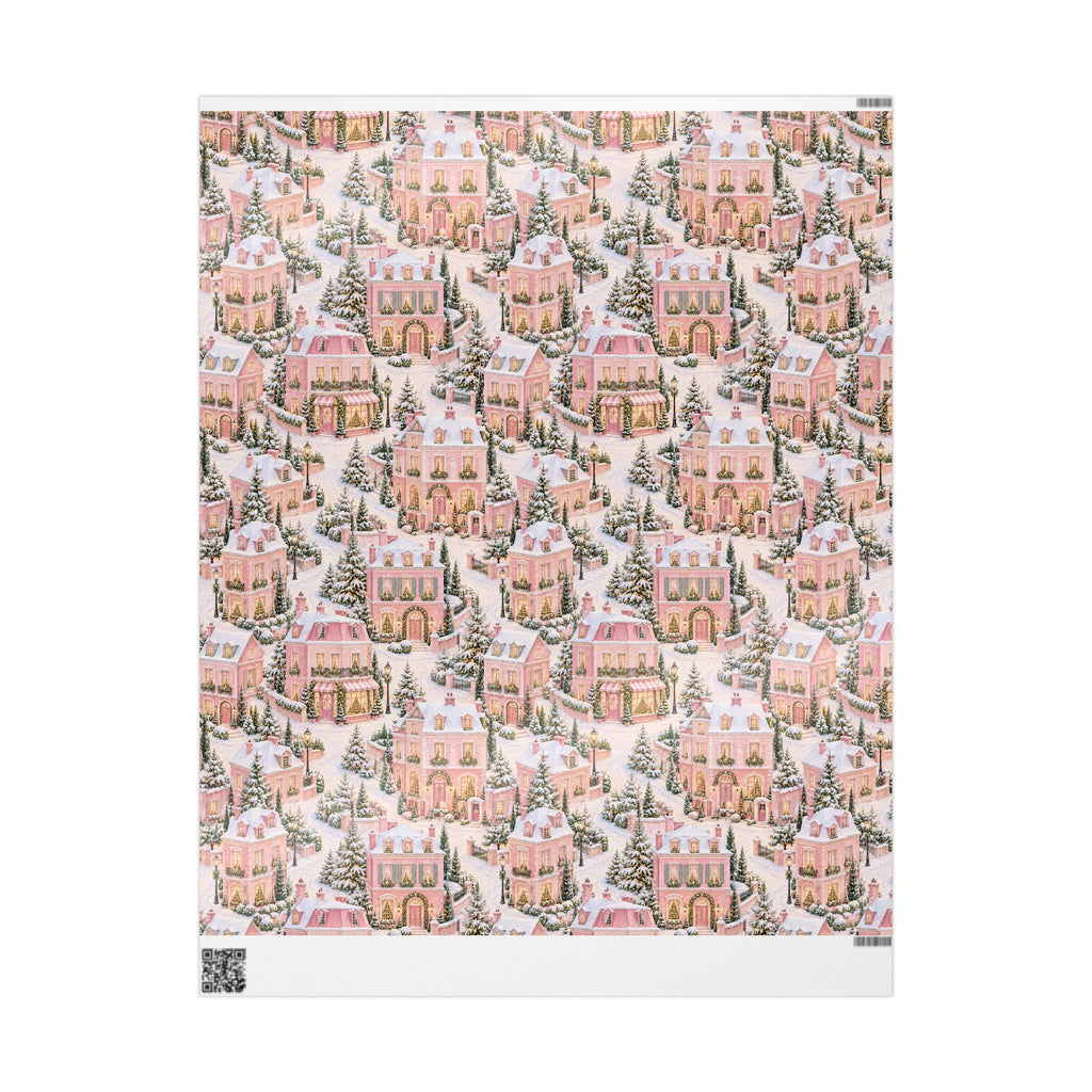 Wrapping Paper — Pink Snowy Village Holiday Gift Wrap (Festive Cottage Pattern)
