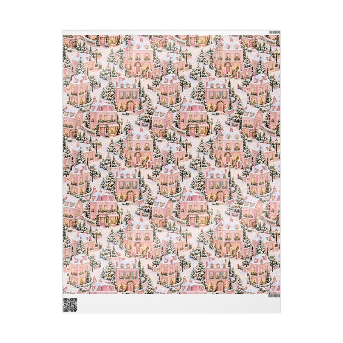 Wrapping Paper — Pink Snowy Village Holiday Gift Wrap (Festive Cottage Pattern)