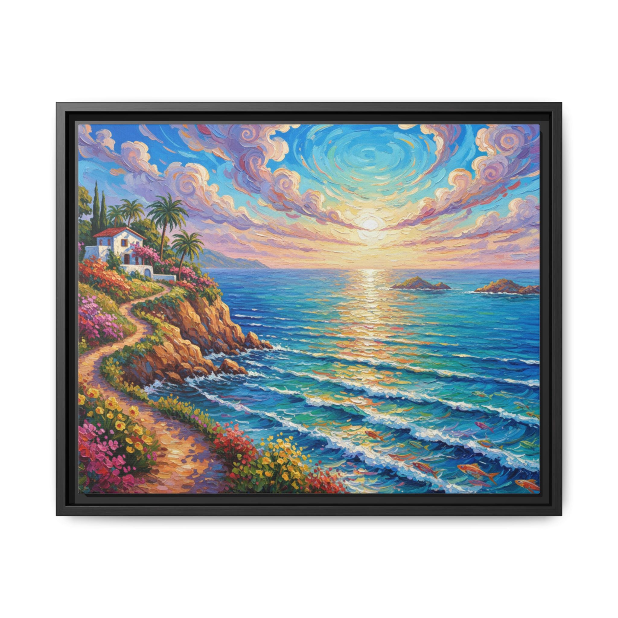 Ocean Floral Print Canvas | Bright Colorful Seascape Wall Art, Framed Matte Office Art Work