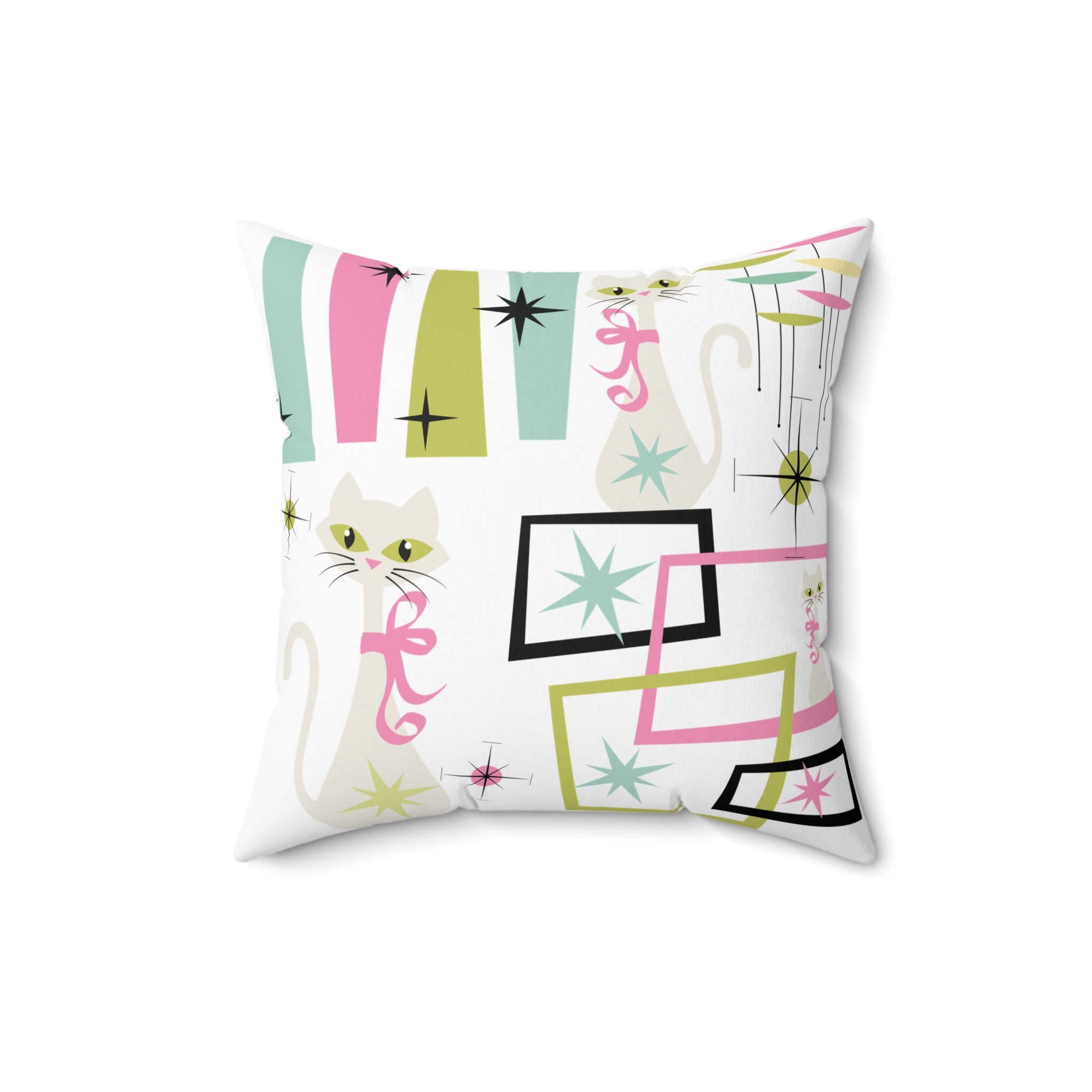Mid-Century Modern Atomic Kitty Cats Square Pillow – Retro 50s Pastel Design, Vintage-Inspired Home Decor for a Chic & Cozy Touch!  Perfect for Home Decor & Gifting Sofa Decor 100% Polyester with Double-Sided Print
