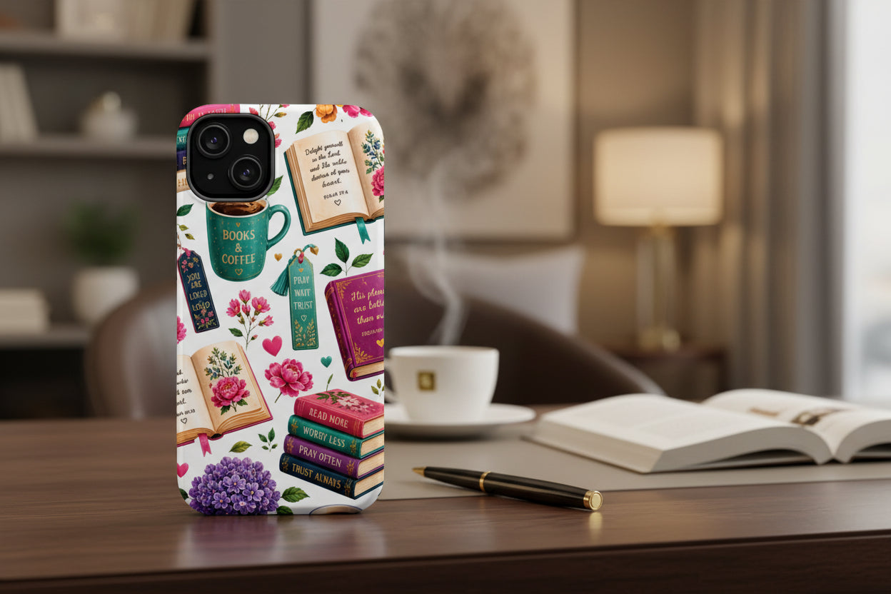Phone case with books, coffee cups, and floral designs on a white background