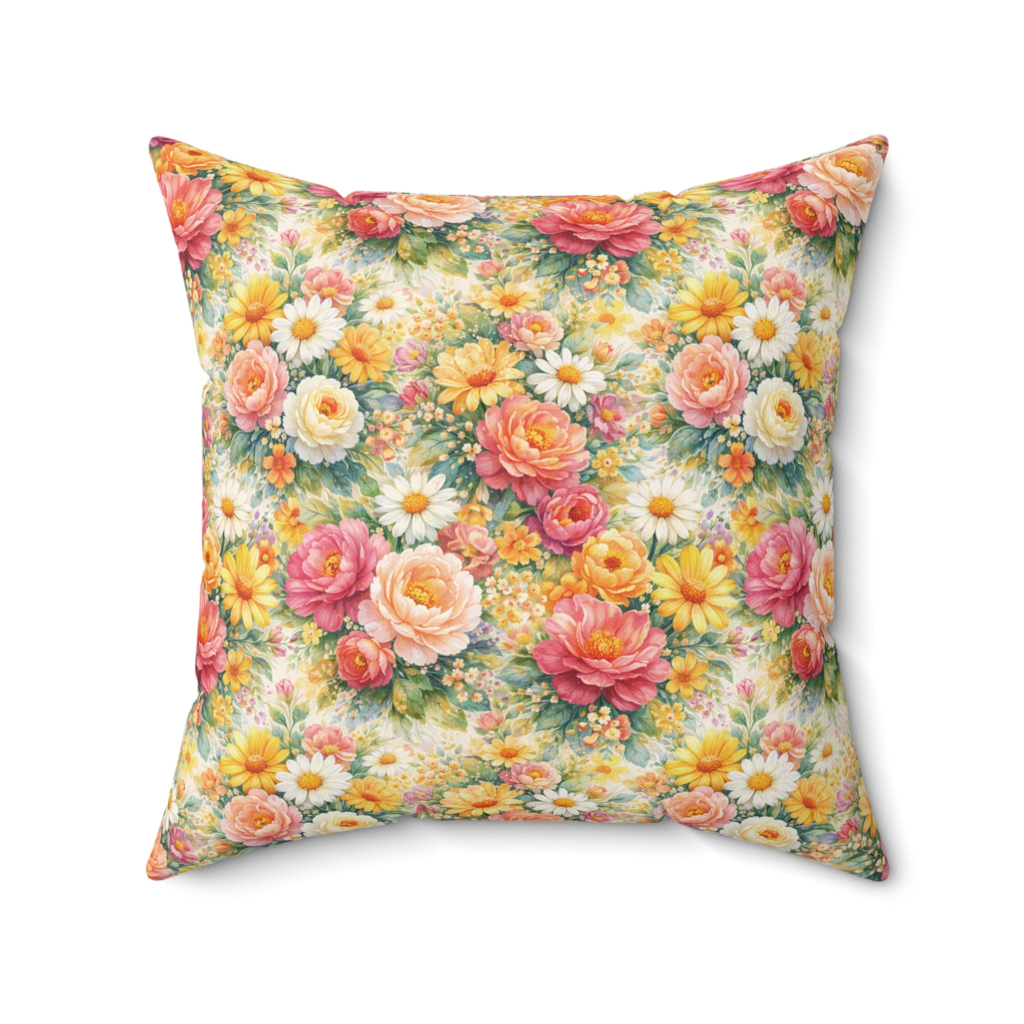Pink & Yellow Wildflower Garden Pillow — Lush Botanical Square Throw Pillow