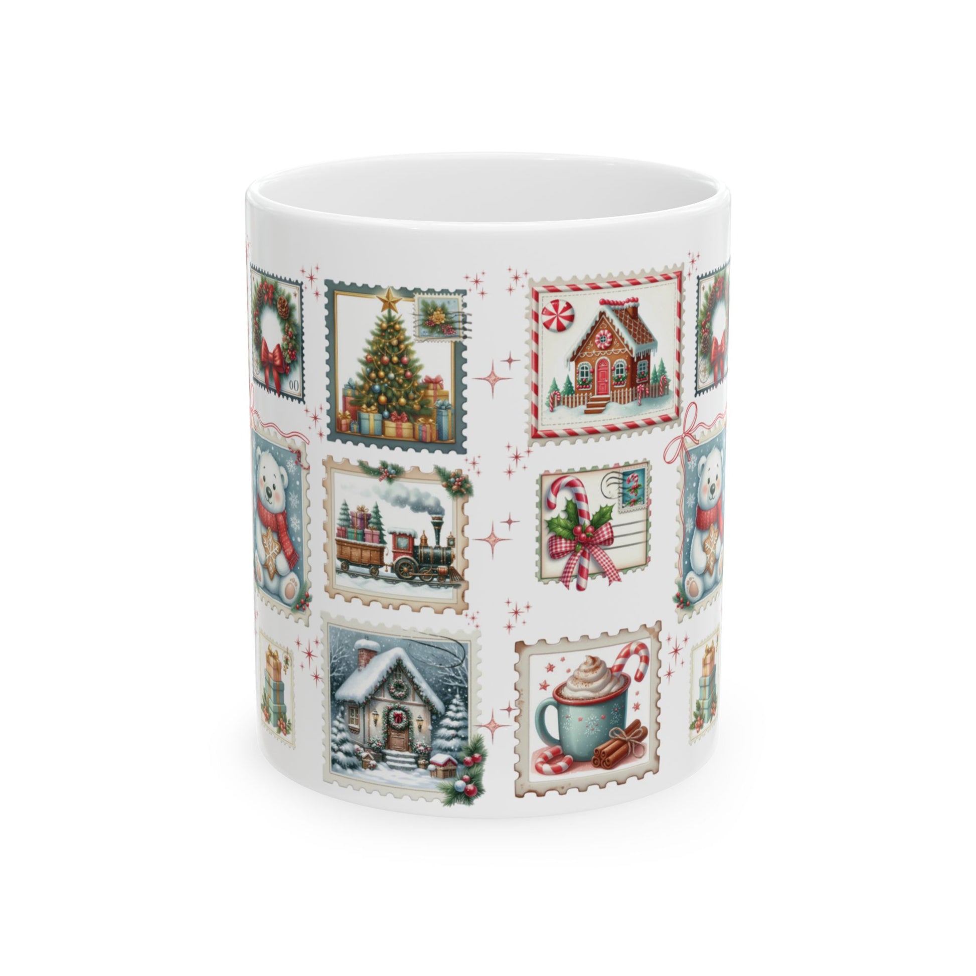 Christmas Postal Stamps Mug 15 and 11 oz Perfect for Coffee, Hot Chocolate and more