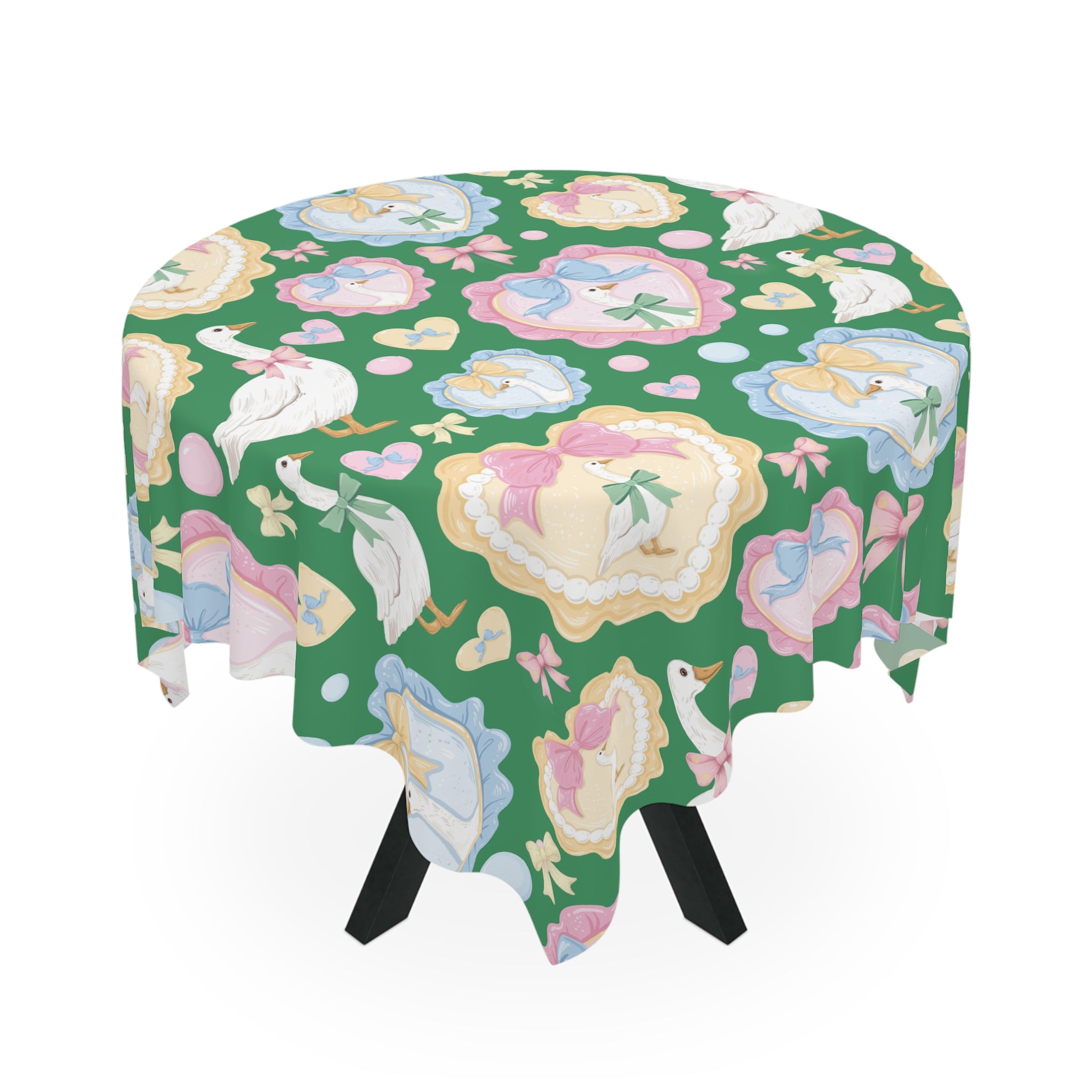Silly Goose Green Tablecloth with Pastel Bows & Hearts – Whimsical Dining Table Decor