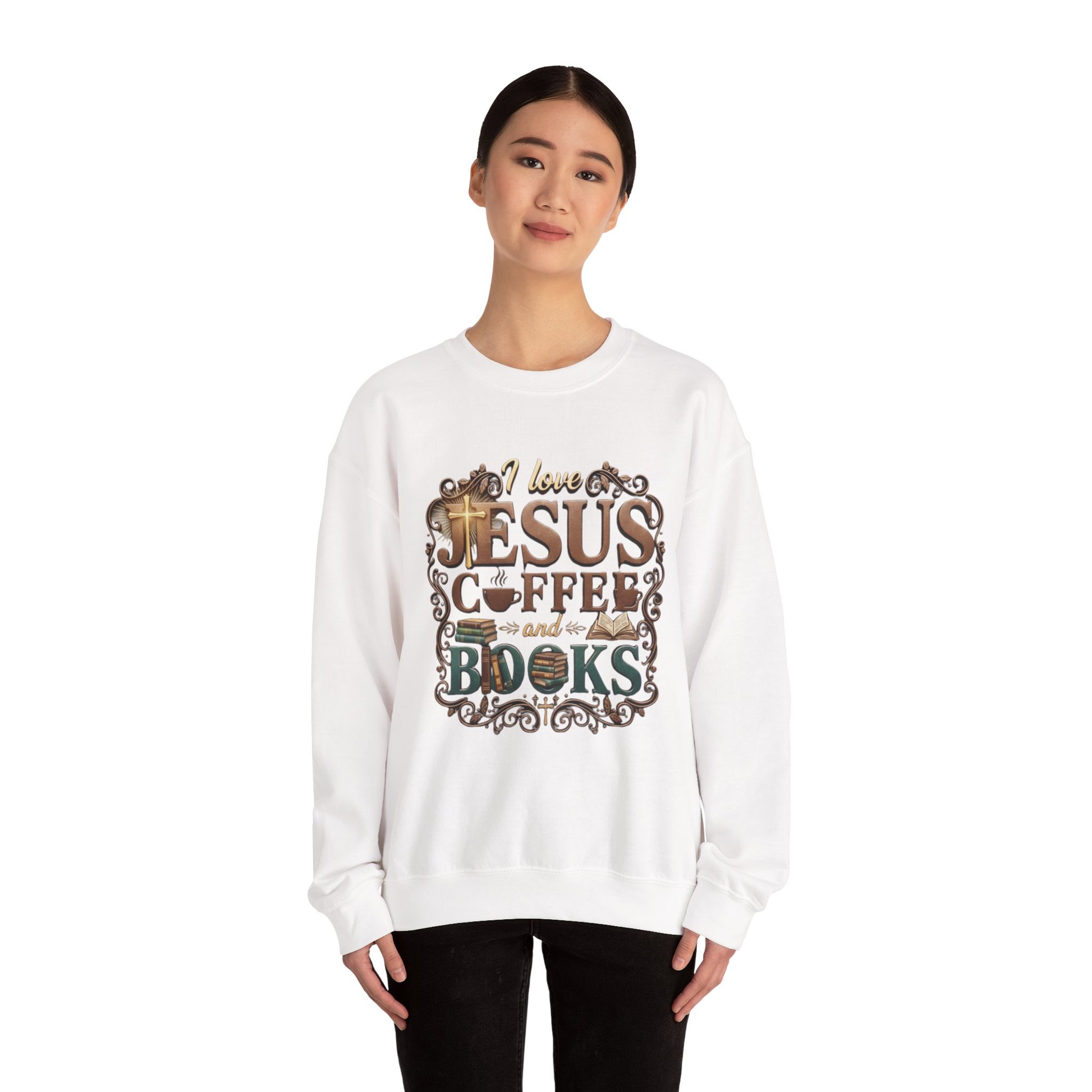 Love Jesus, Coffee & Books Sweatshirt | Christian Unisex Crewneck, Cozy Faith Gift