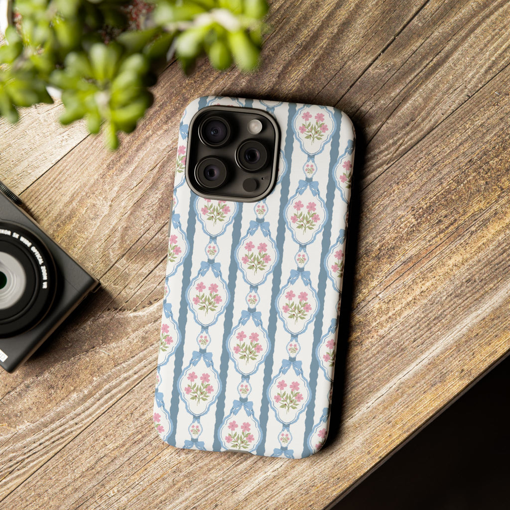 Coque de téléphone Vintage Nœud Bleu et Rose — Motif floral romantique « Tough Cases »