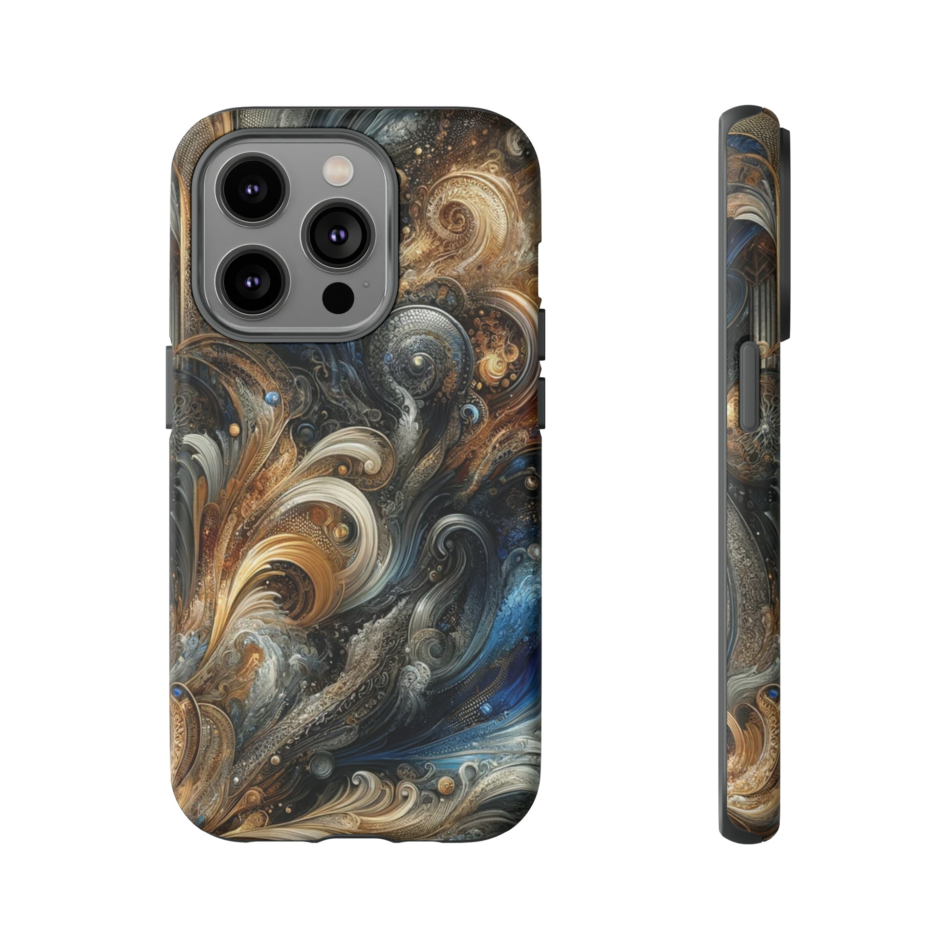 Gold and Navy Art Design Luxury Phone Tough Case Floral Elegant Durable Stylish for Modern Devices iPhone 15, Samsung iPhone Samsung Accessory Gift for Her.