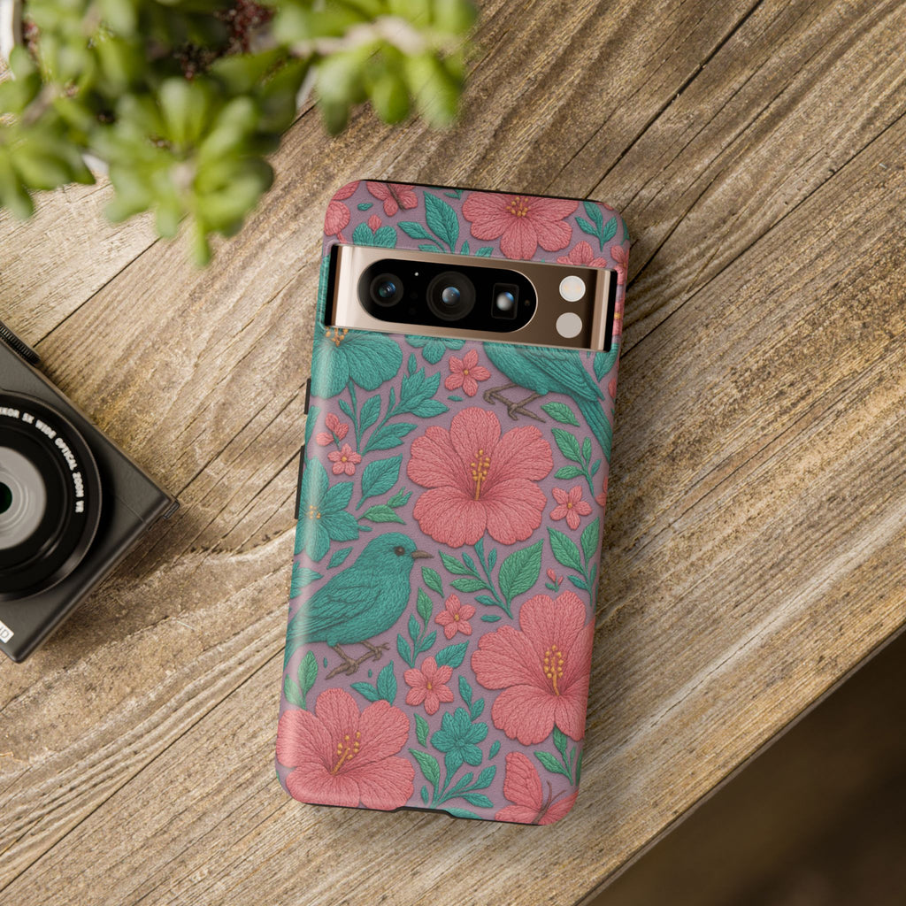 Turquoise, Pink and Lavender 3D Embroidery Illusion Phone Case Tropical Flowers, Birds & Butterflies Cover with Bold, Realistic Floral Texture iPhone, Samsung