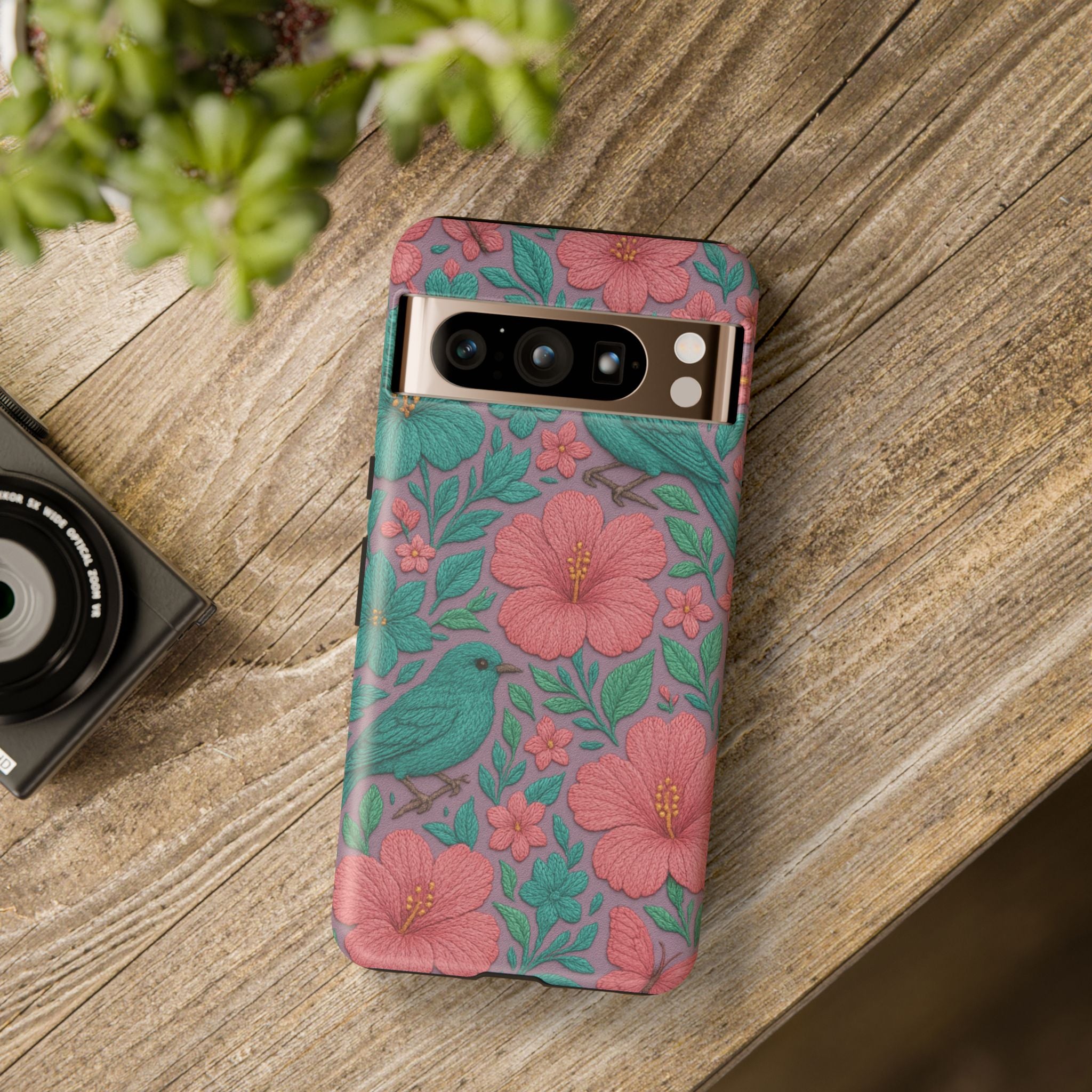 Turquoise, Pink and Lavender 3D Embroidery Illusion Phone Case Tropical Flowers, Birds & Butterflies Cover with Bold, Realistic Floral Texture iPhone, Samsung