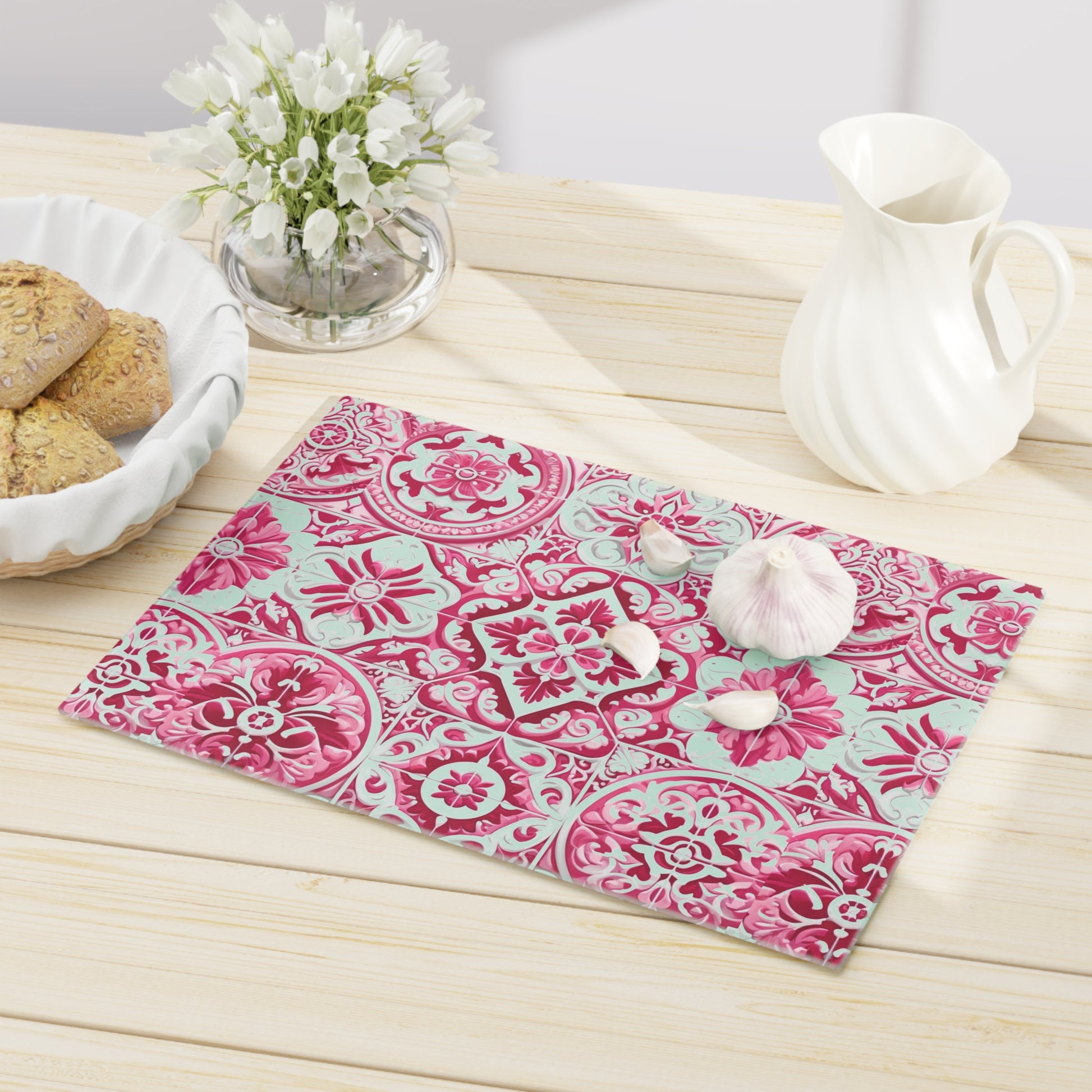 New House Tempered Glass Cutting Board with Pink and White Mediterranean Tile Design Ultra-Durable Kitchen Accessory for Stylish Cooking Kitchen Decor with Elegant Design, Housewarming, New House Gift - MRSBYVALLE