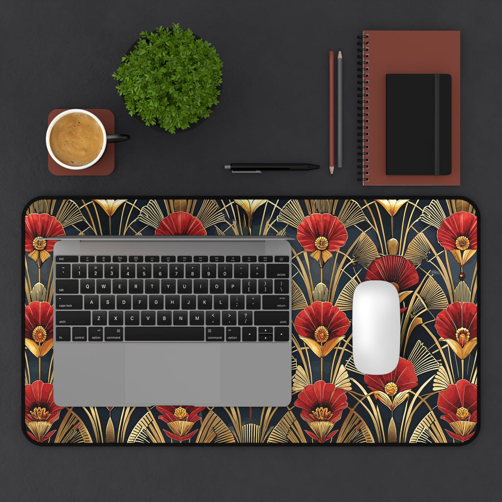 Tapis de bureau Art Déco Fleur Rouge Noir & Or — Tapis de souris floral vintage