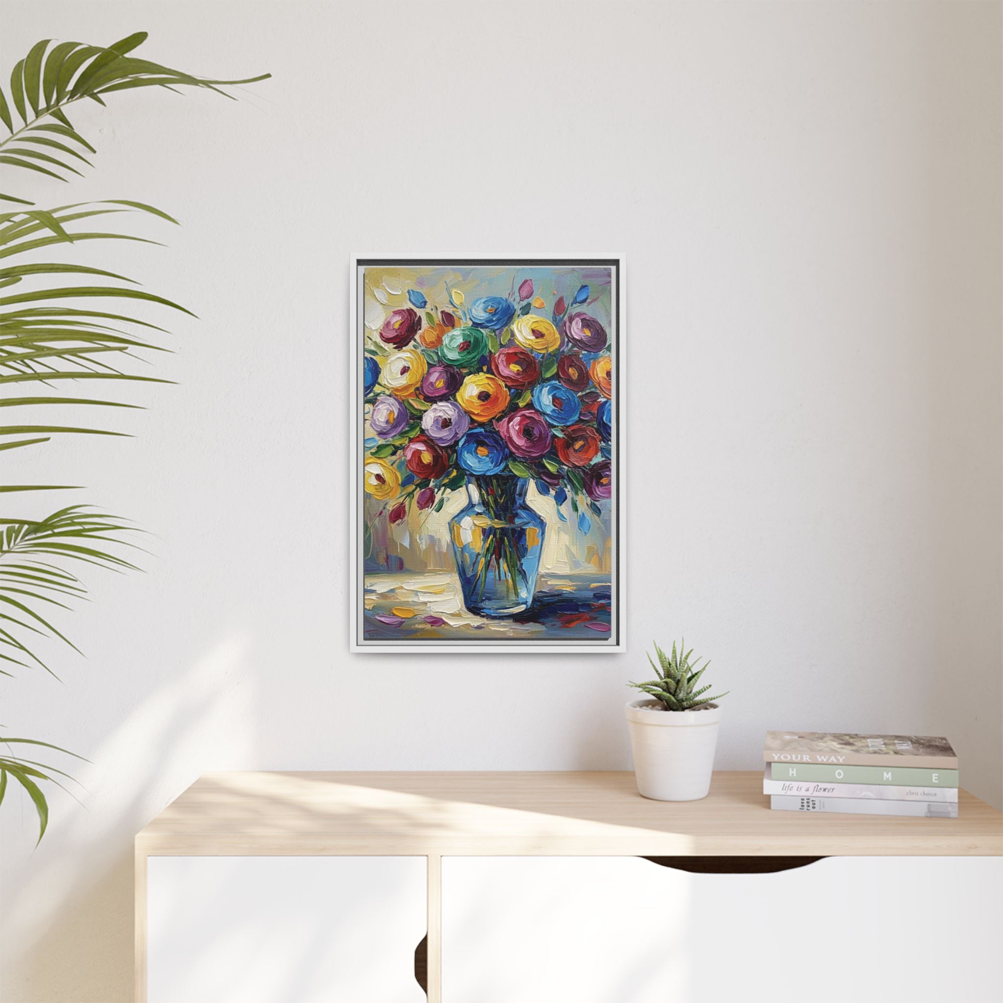 Impression sur toile bouquet floral aquarelle - Tableau mural encadré mat - Illusion de peinture à l'huile vibrante