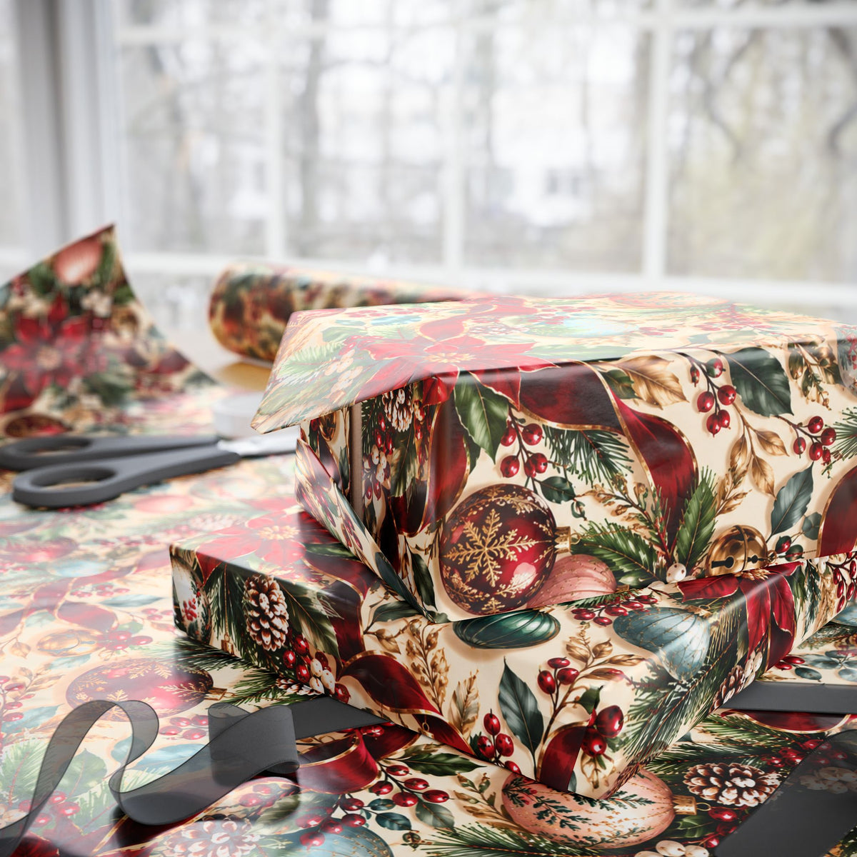 Vintage Christmas Poinsettia Wrapping Paper