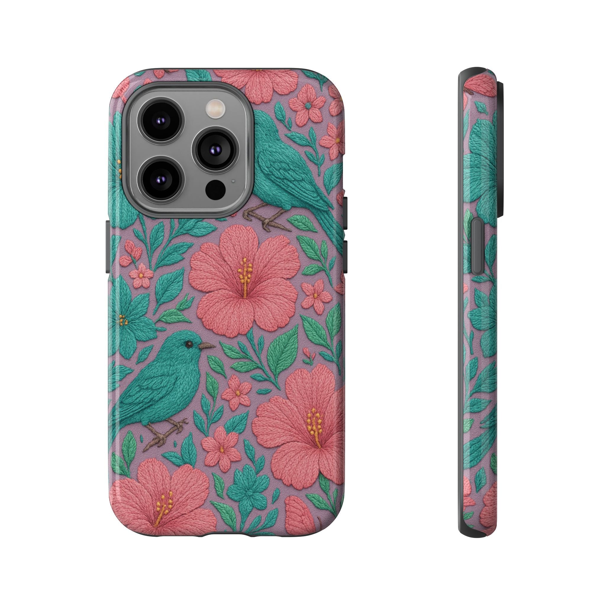 Turquoise, Pink and Lavender 3D Embroidery Illusion Phone Case Tropical Flowers, Birds & Butterflies Cover with Bold, Realistic Floral Texture iPhone, Samsung