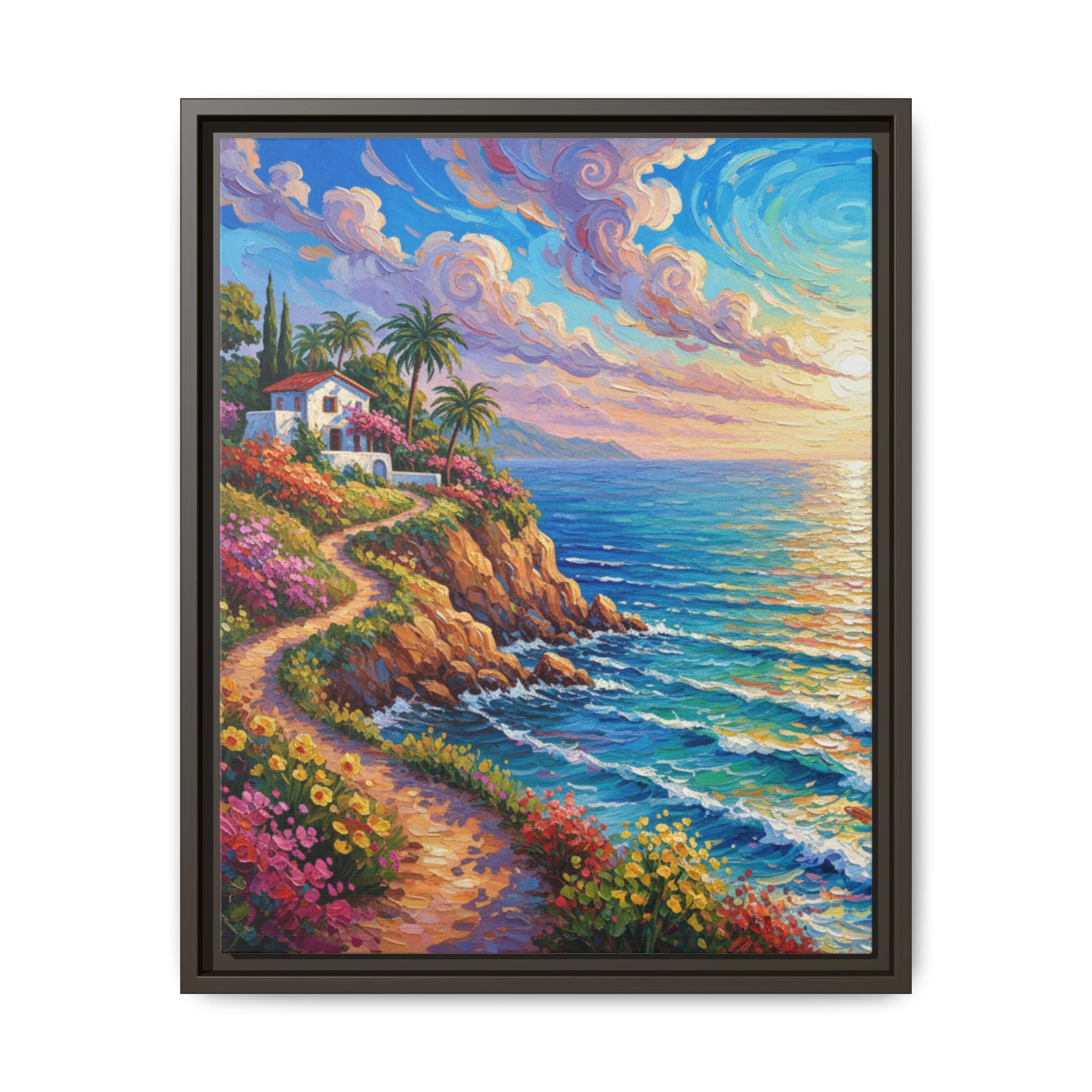 Ocean Floral Print Canvas | Bright Colorful Seascape Wall Art, Framed Matte Office Art Work