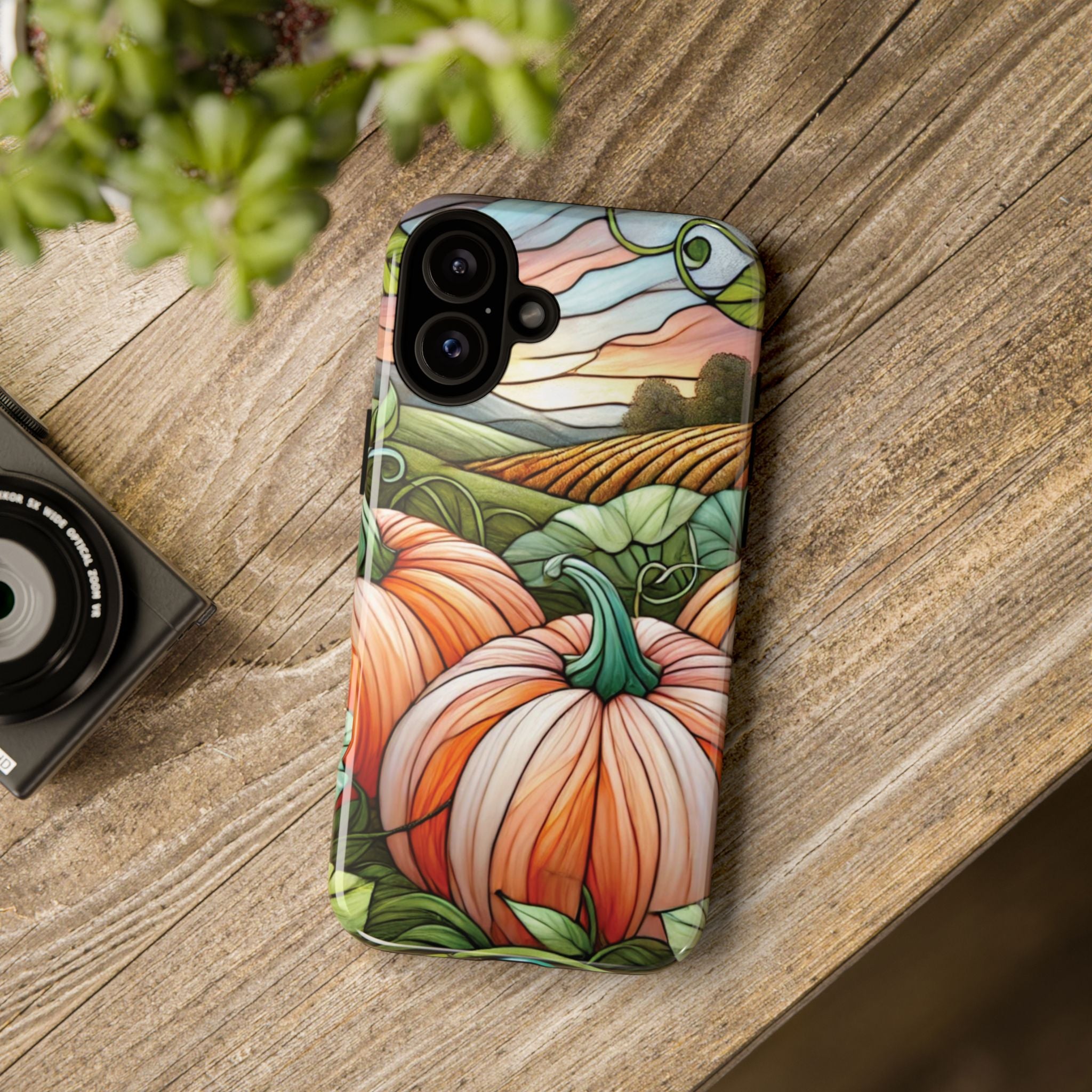 Pumpkins Phone Case Fall Faux Stained-Glass Thanksgiving Cover Pumpkin Lovers Gift for Galaxy S 24 23 22 21 Pixel 5 6 7 8 iPhone 17 , 16 15 14 13 12 Samsung iPhone Samsung Gift for Her