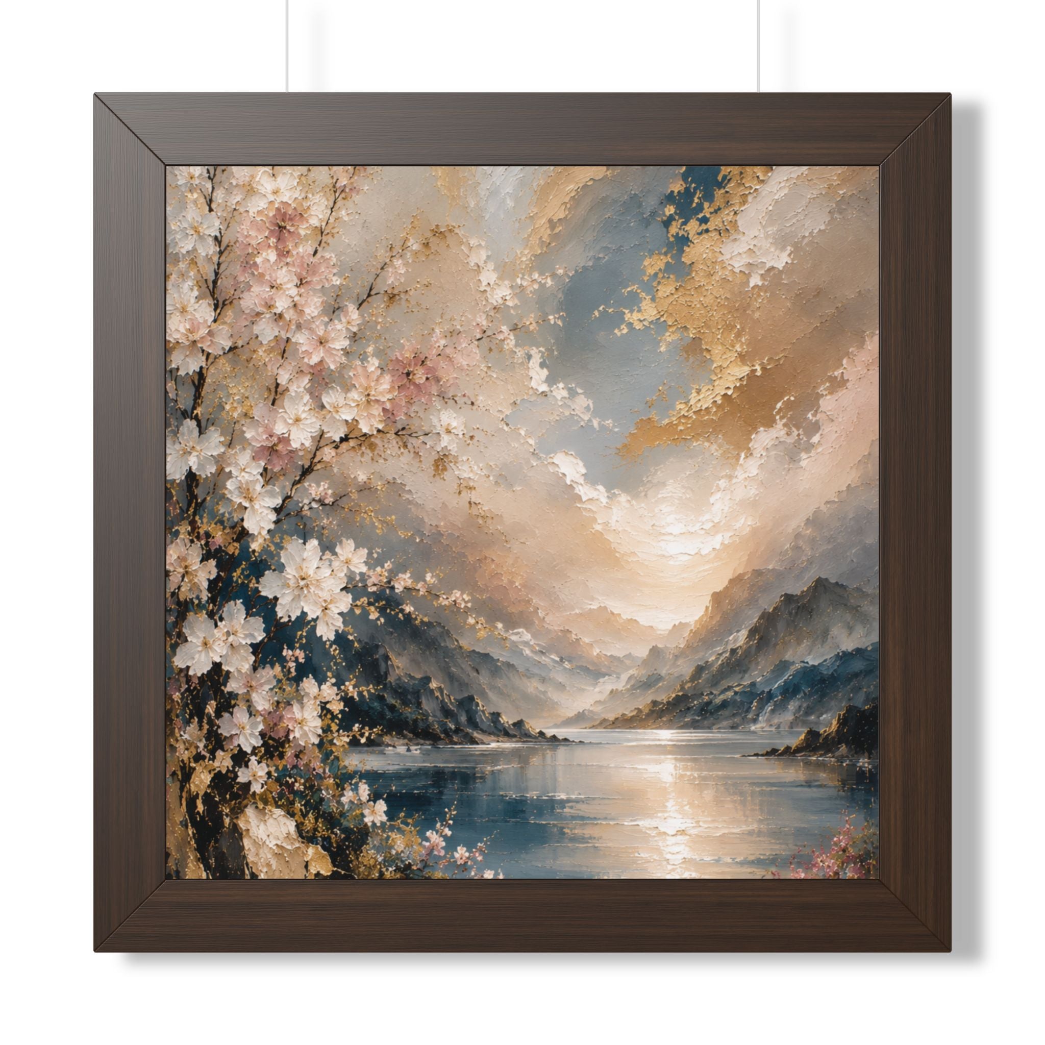 Sunlit Mountain Lake framed vertical poster | floral shoreline landscape