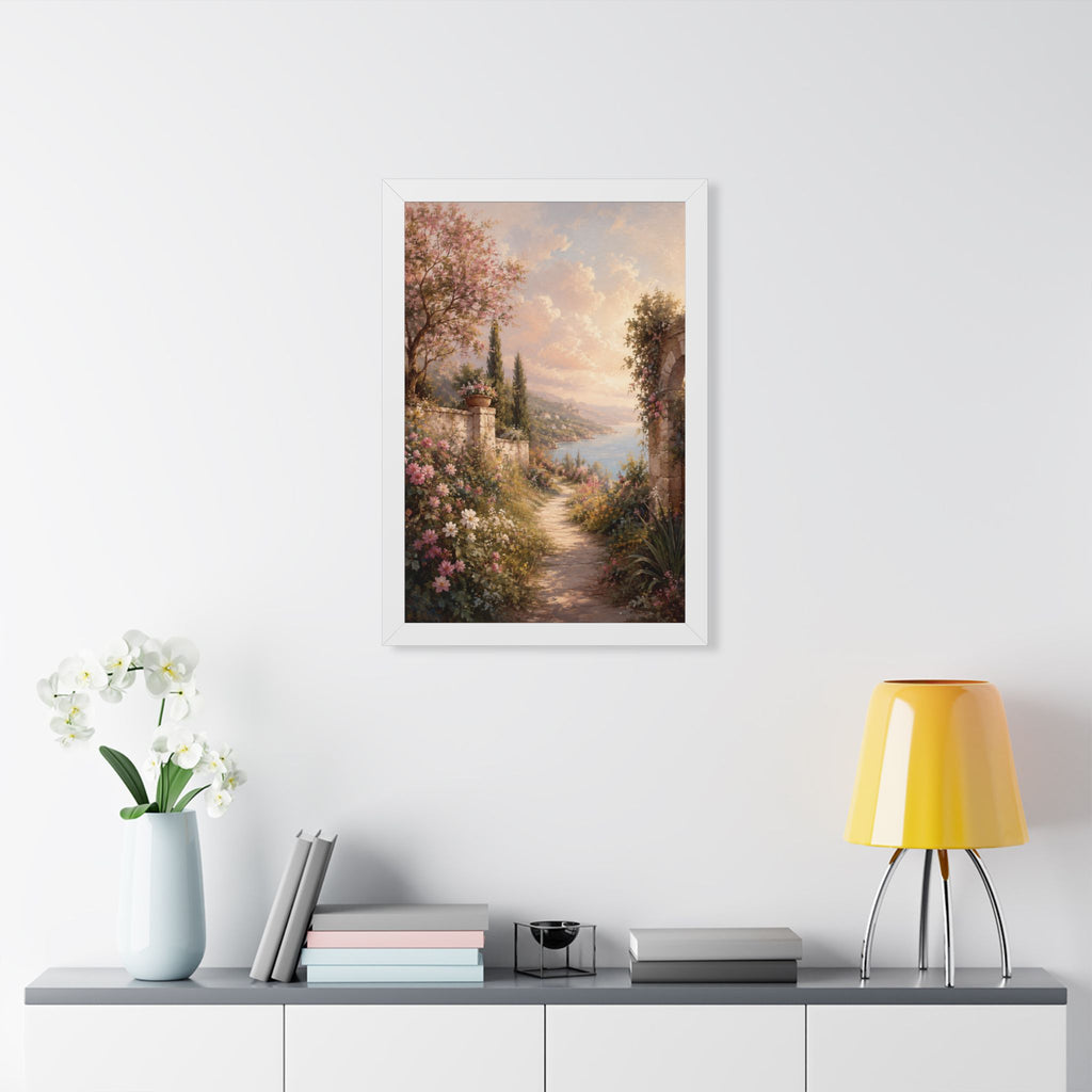 Mediterranean Garden Path Framed Vertical Poster | Coastal Landscape Wall Art