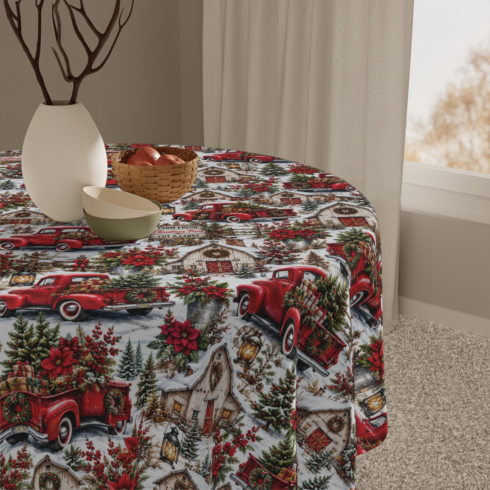 Vintage Red Truck Christmas Tablecloth — Holiday Farmhouse Plaid Decor