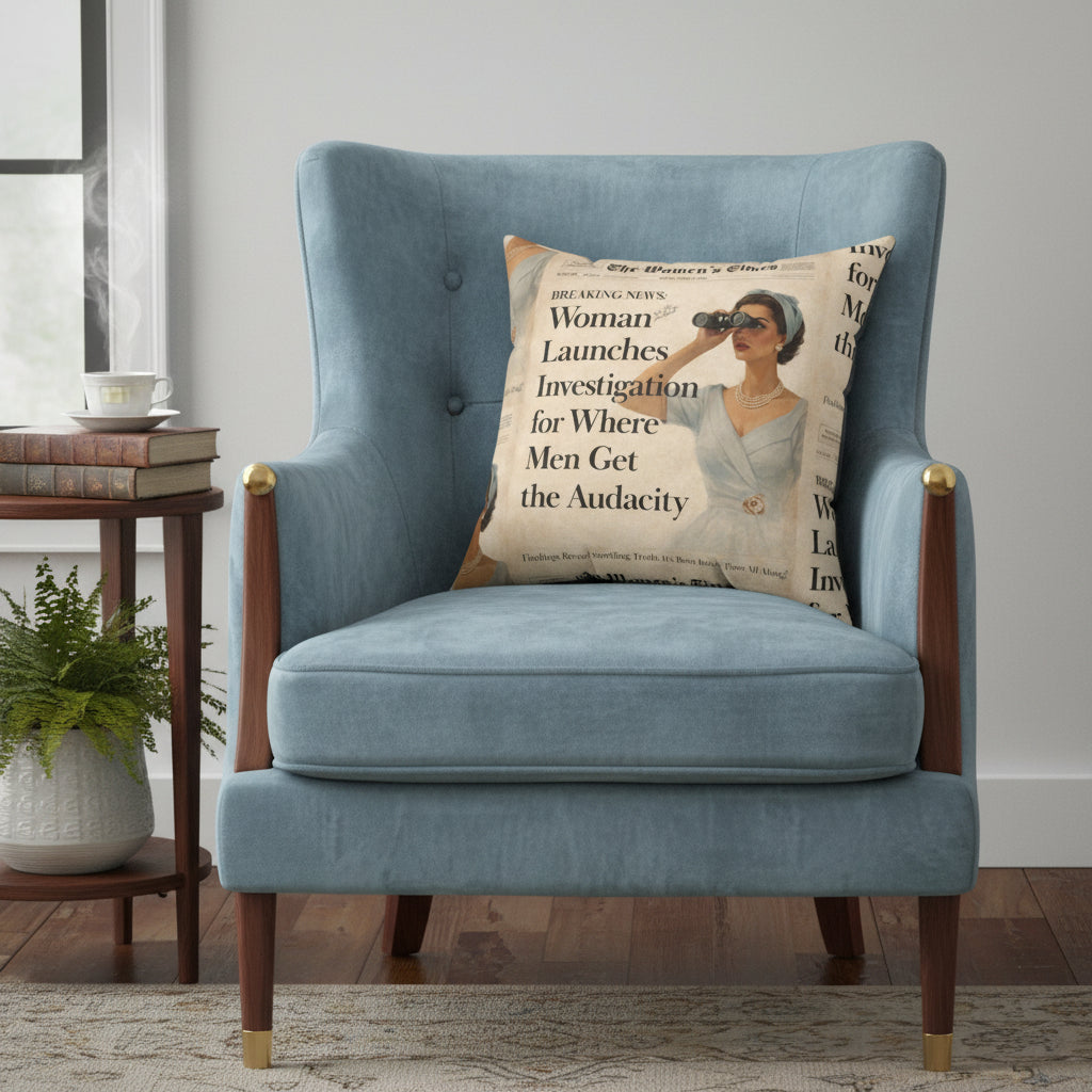 Pillow with a design of a woman on a newspaper front page