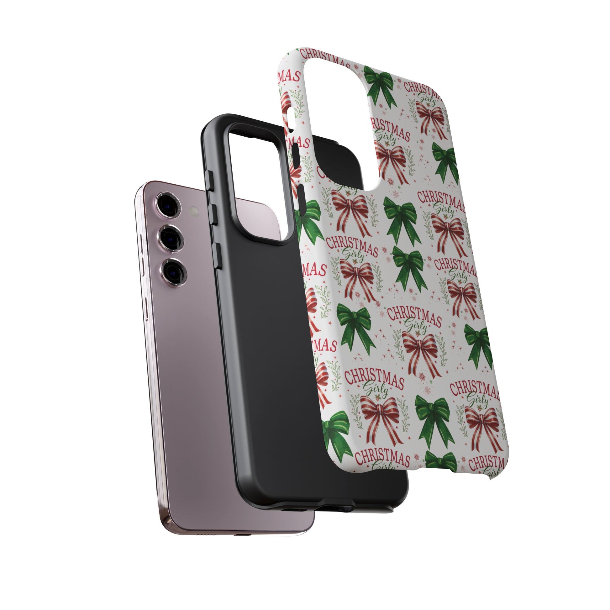 Girly Christmas Coquette Bows Pastel Phone Case for iPhone 17 16 15 23 Samsung, and Pixel | Stylish Protective Cover Gift for Her Perfect for Floral Lover