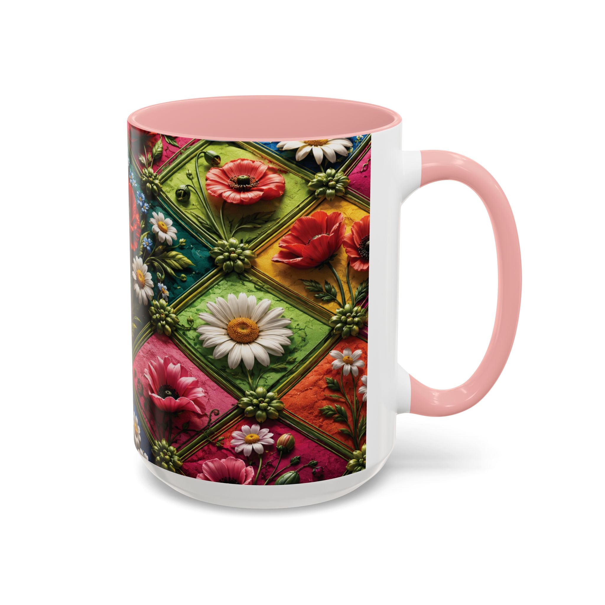 Floral Patchwork Accent Coffee Mug — Colorful Poppies & Daisies (11/15oz) 3D Illusion