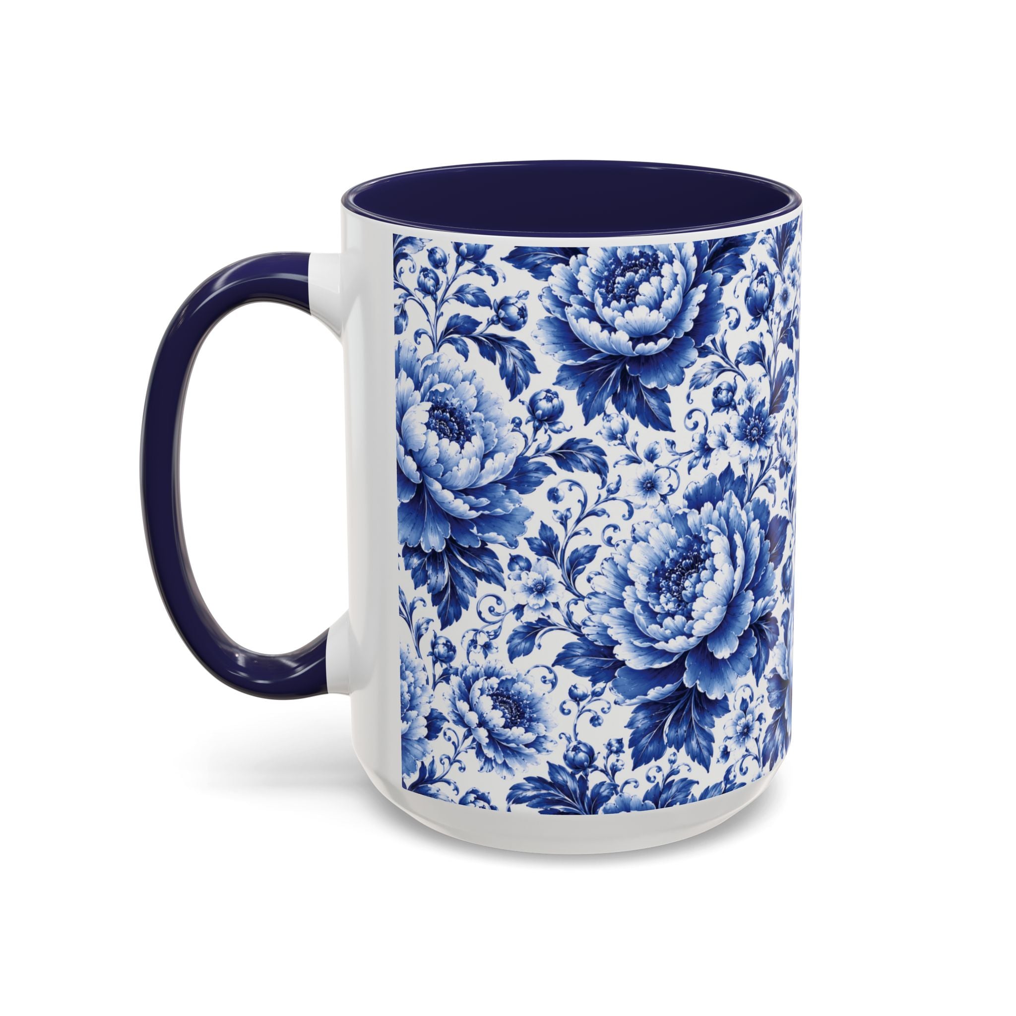 Blue Floral Ceramic Coffee Mug — Vintage Delft Peony Accent (11oz & 15oz) Blue & White Chinoiserie Tea Mug