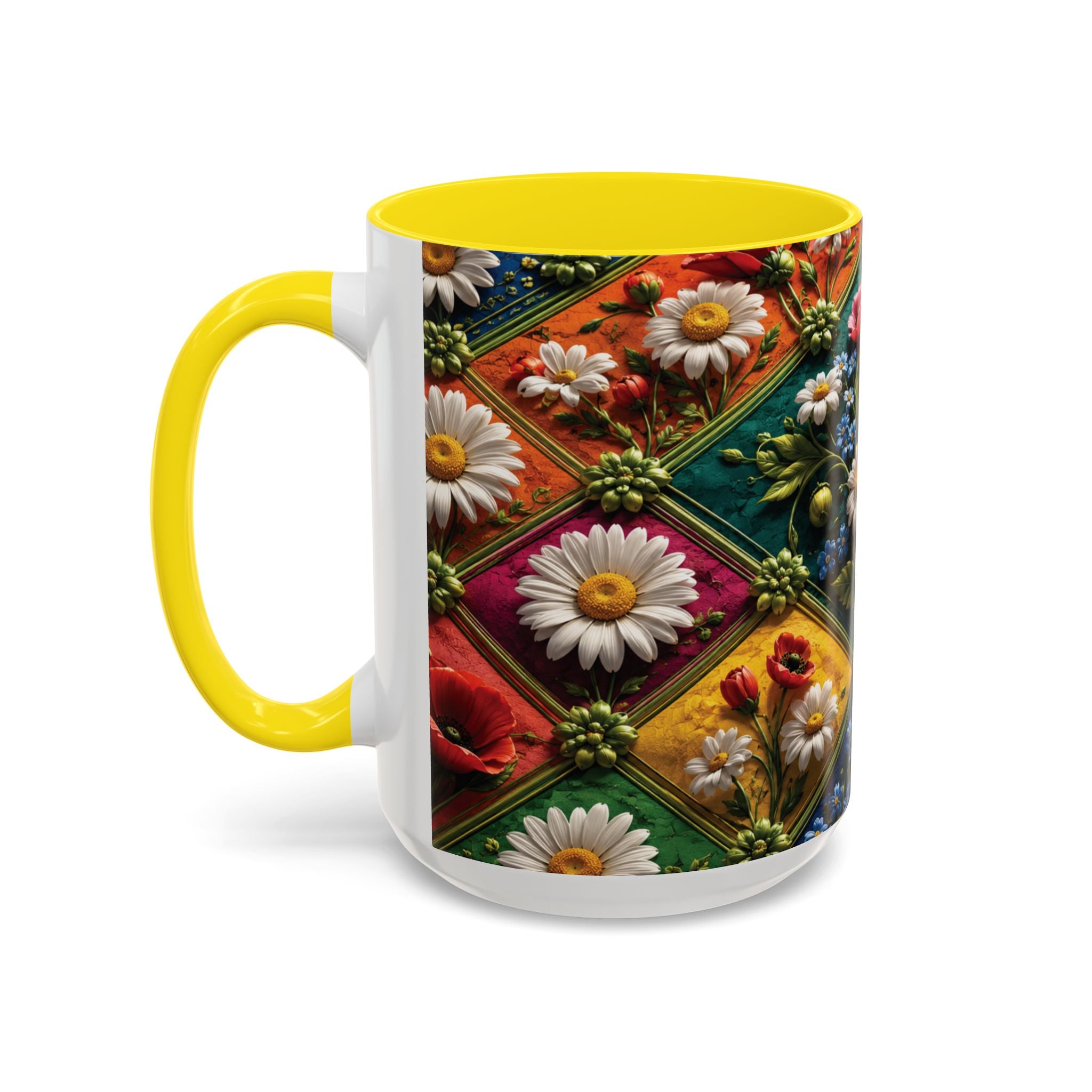Floral Patchwork Accent Coffee Mug — Colorful Poppies & Daisies (11/15oz) 3D Illusion