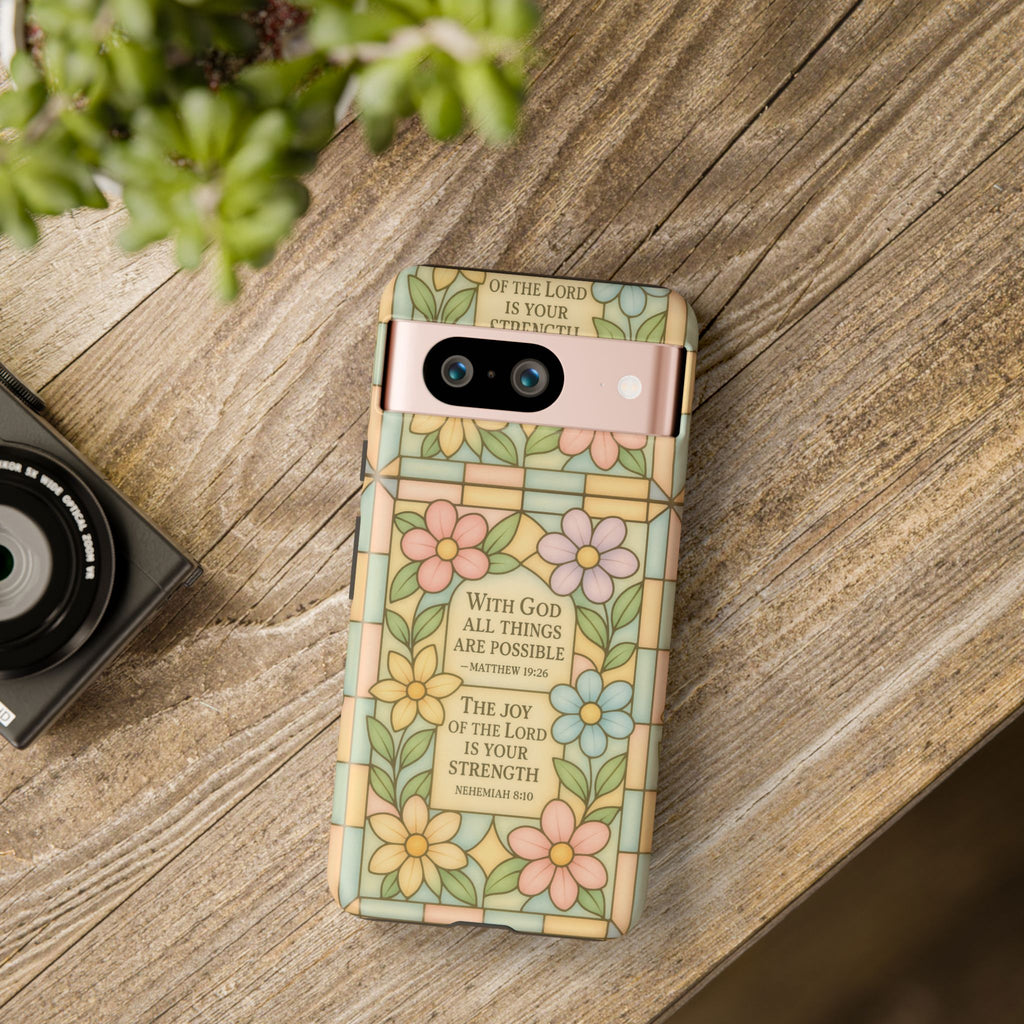 Pastel Stained Glass Bible Verse Phone Case Christian Affirmation Cover, Soft Geometric Design, iPhone Samsung Google, Faith Gift for Her Bible Verse or Affirmation | Protective, Inspirational Gift for Christians