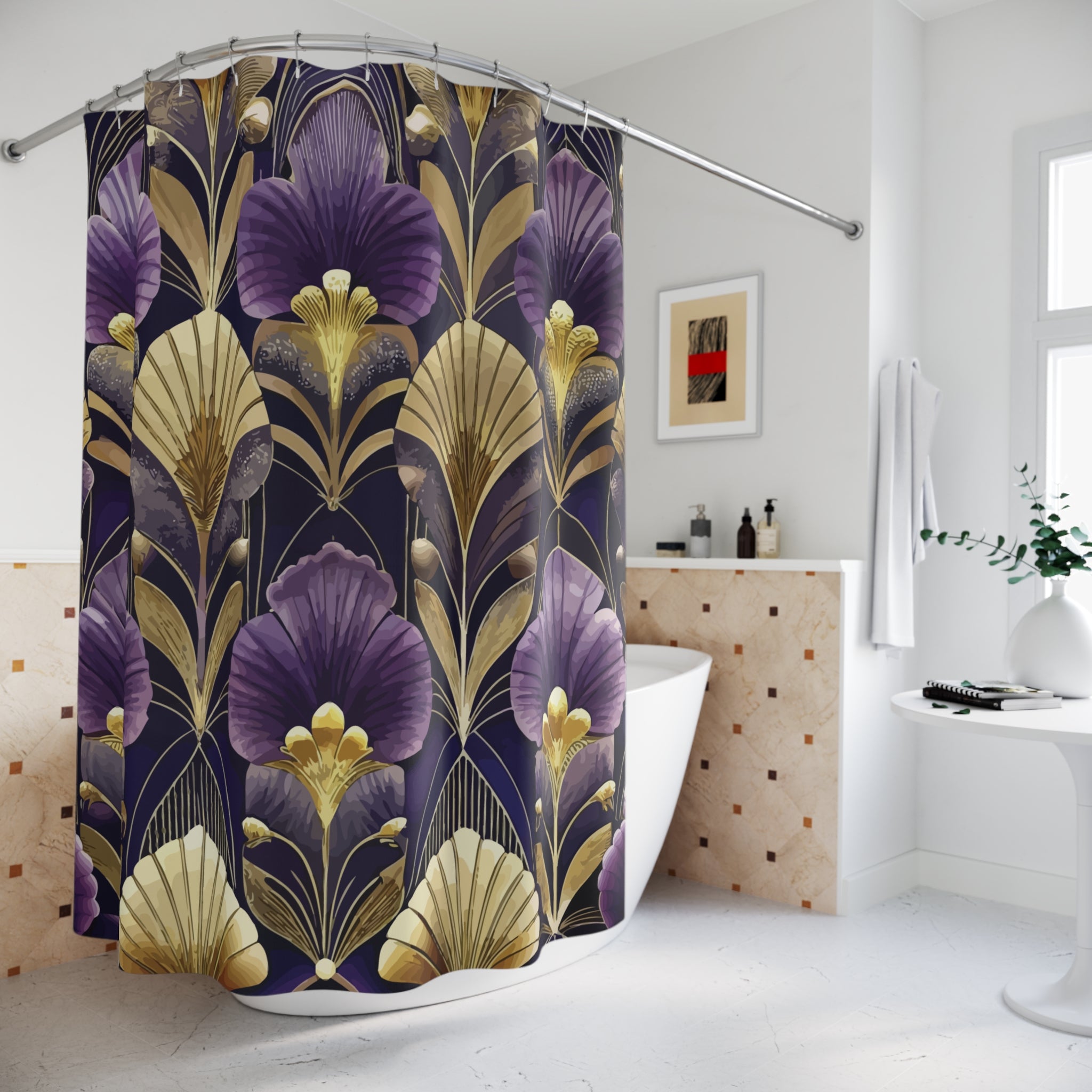 Purple Imperial Art Deco Gold & Navy Shower Curtain — Geometric Luxury Bathroom Decor