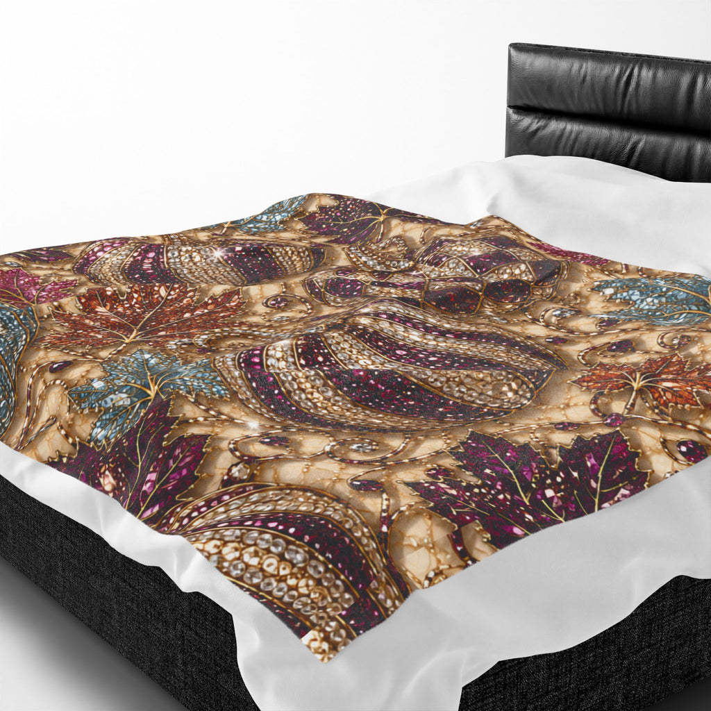 Plush Blanket - Jewel-Toned Decorative Pumpkins & Leaves Fall Throw Rhinestone Faux