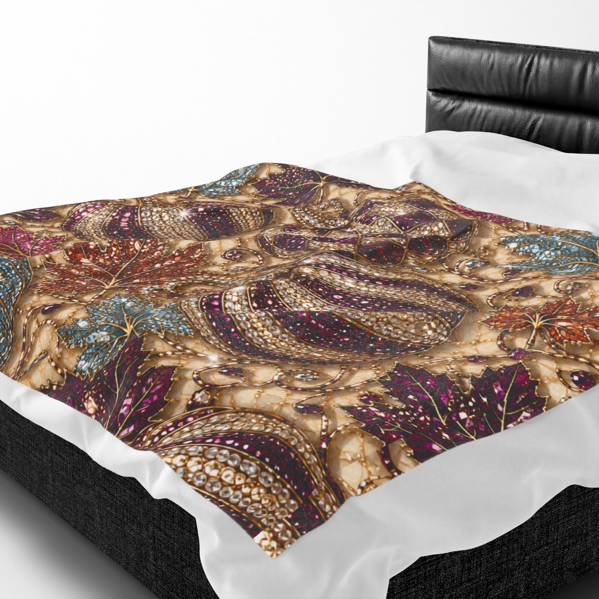 Plush Blanket - Jewel-Toned Decorative Pumpkins & Leaves Fall Throw Rhinestone Faux