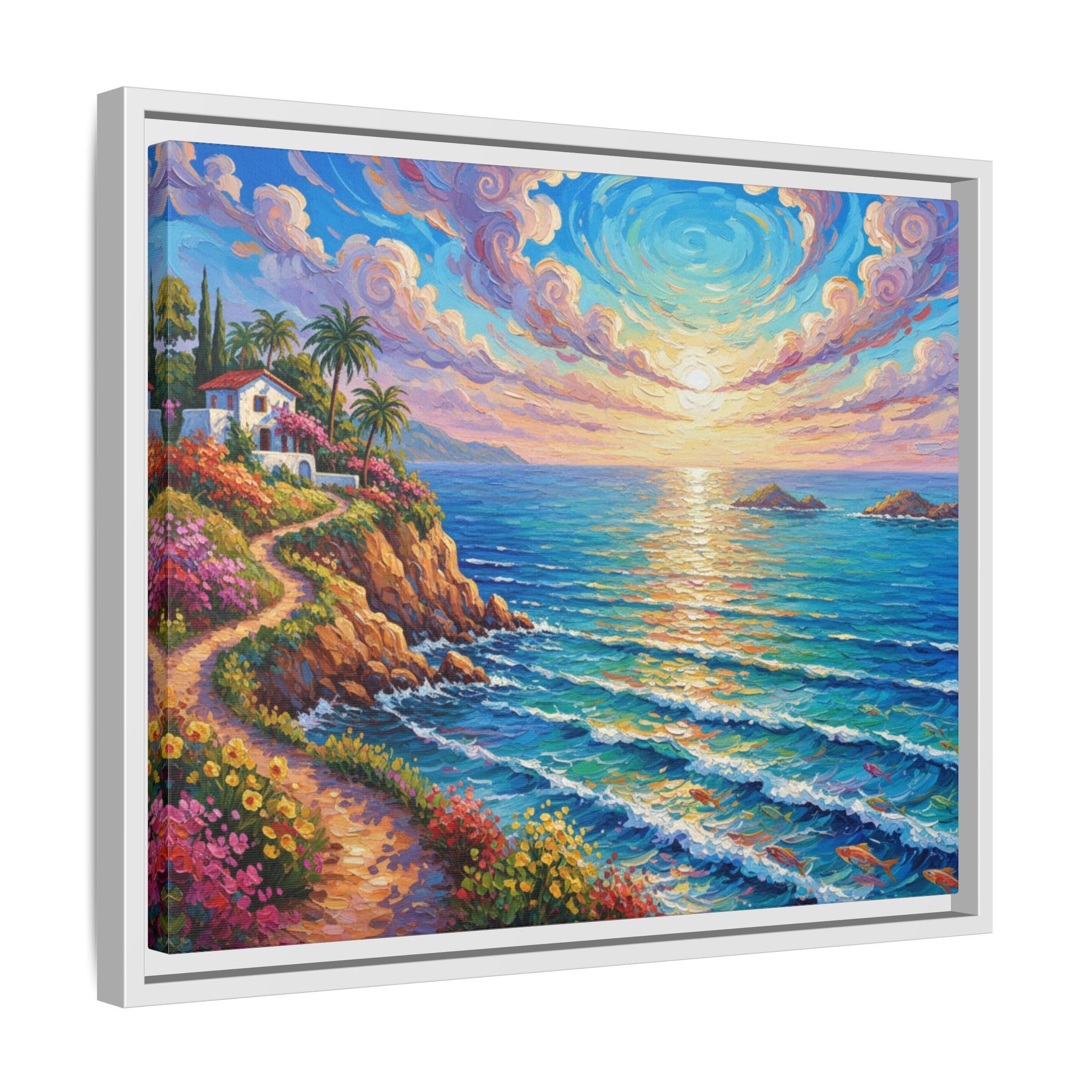 Toile imprimée florale océanique | Décoration murale colorée et lumineuse de paysage marin, œuvre d'art de bureau encadrée et mate