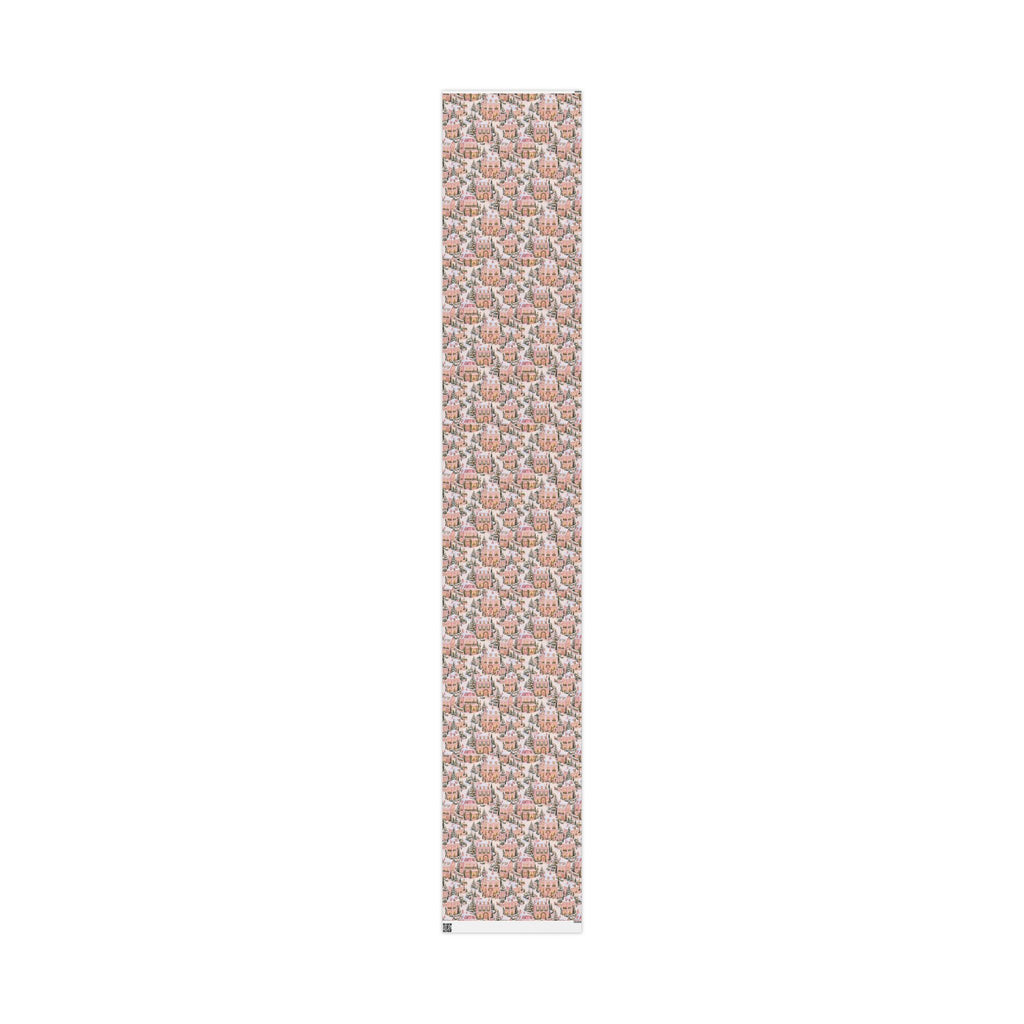 Wrapping Paper — Pink Snowy Village Holiday Gift Wrap (Festive Cottage Pattern)