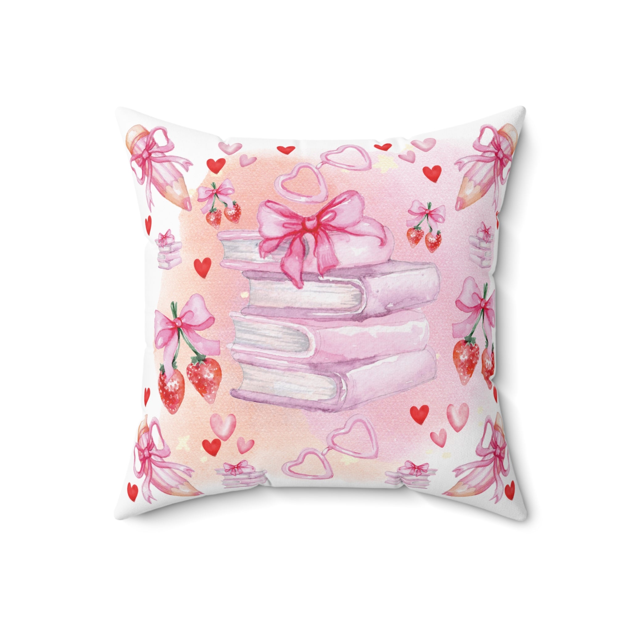 Pink Books and Bows Pillow Spun Polyester Square Pillow | Reading Nook Decor