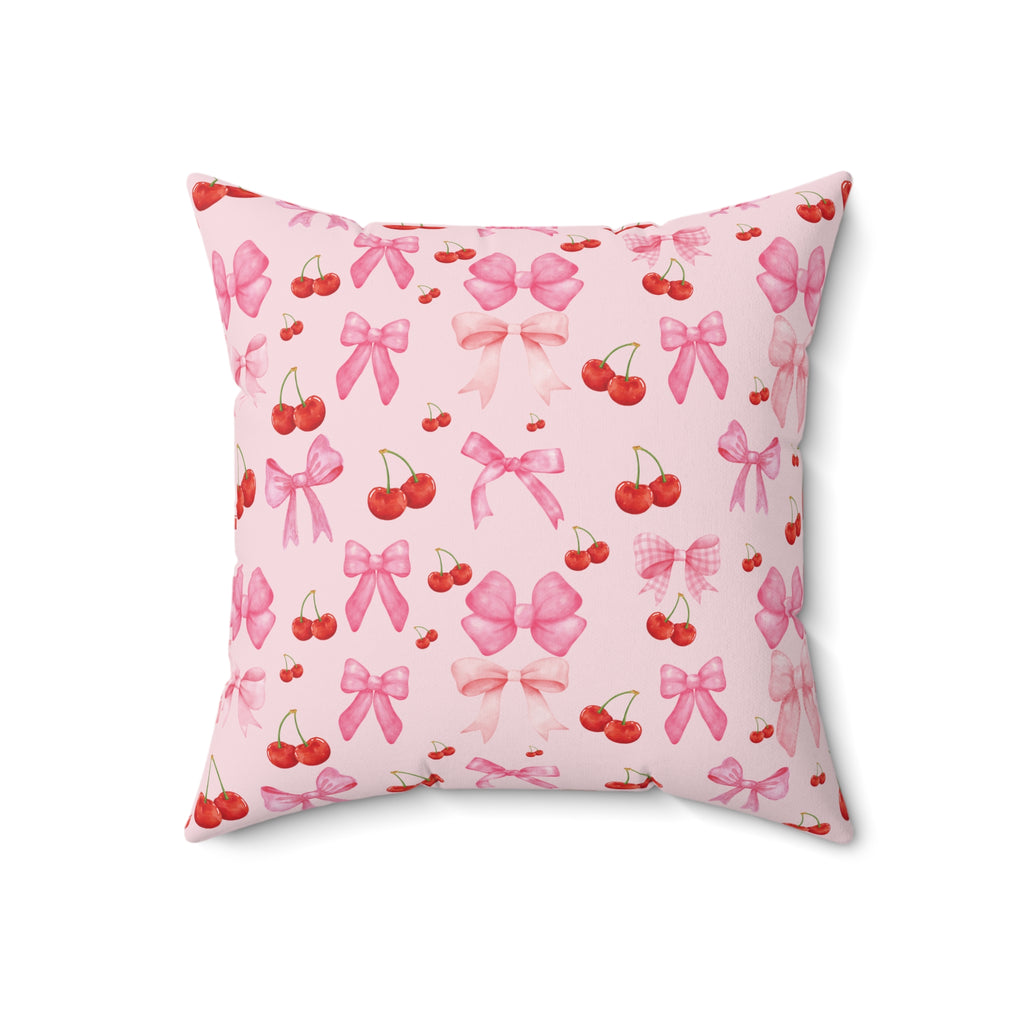 Pink Decorative Pillow Coquette Cherry Ribbon Bows Home Accents Mother's Day Gift Luxurious Home Living Room Comfort for Bedroom or Housewarming Gift New House, Bridal Shower Gift.