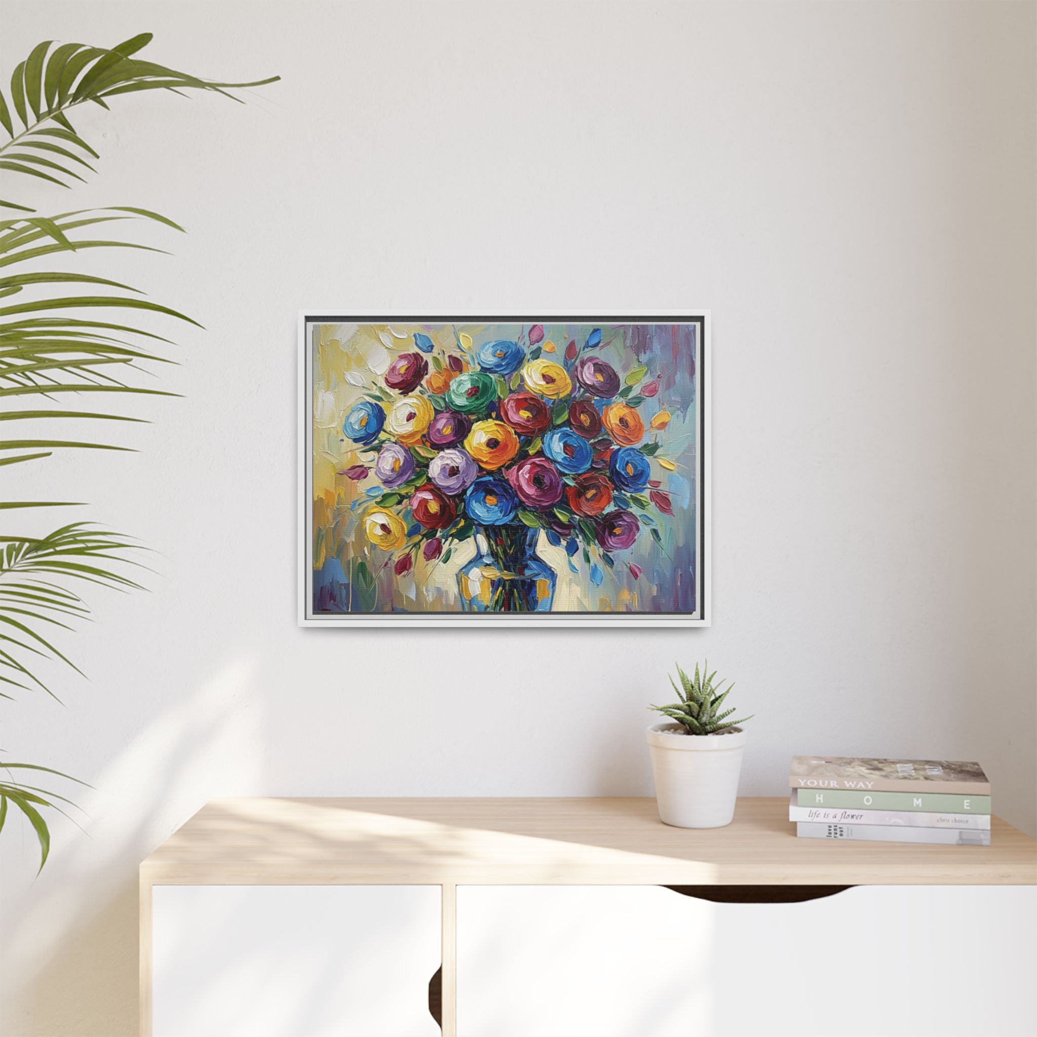 Impression sur toile bouquet floral aquarelle - Tableau mural encadré mat - Illusion de peinture à l'huile vibrante