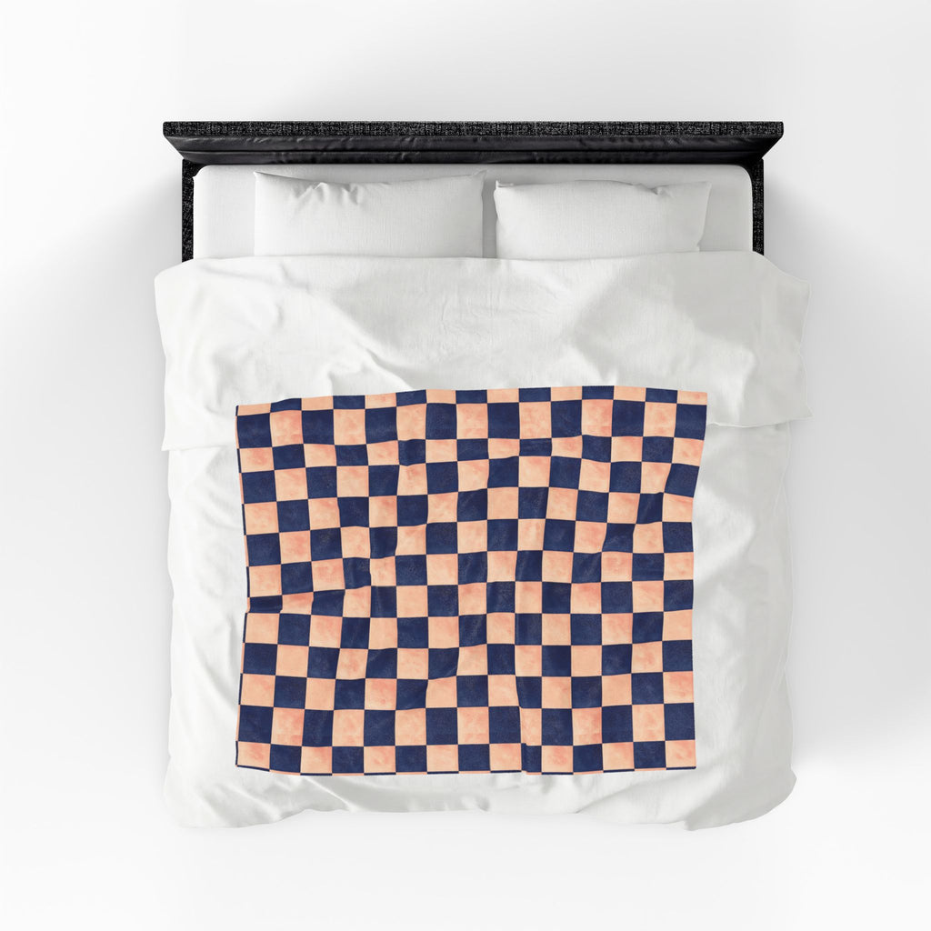 Couverture en peluche veloutée – Plaid confortable à carreaux bleu marine et pêche