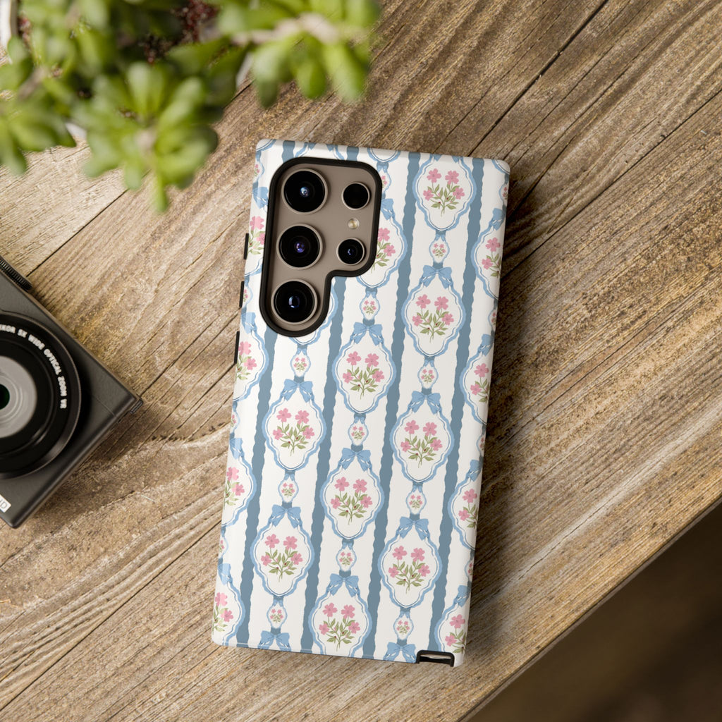 Coque de téléphone Vintage Nœud Bleu et Rose — Motif floral romantique « Tough Cases »