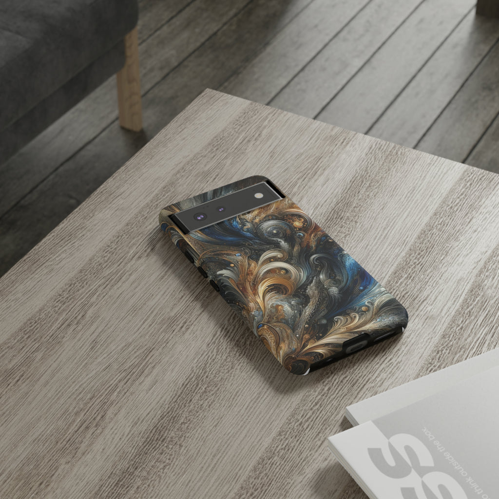 Gold and Navy Art Design Luxury Phone Tough Case Floral Elegant Durable Stylish for Modern Devices iPhone 15, Samsung iPhone Samsung Accessory Gift for Her.