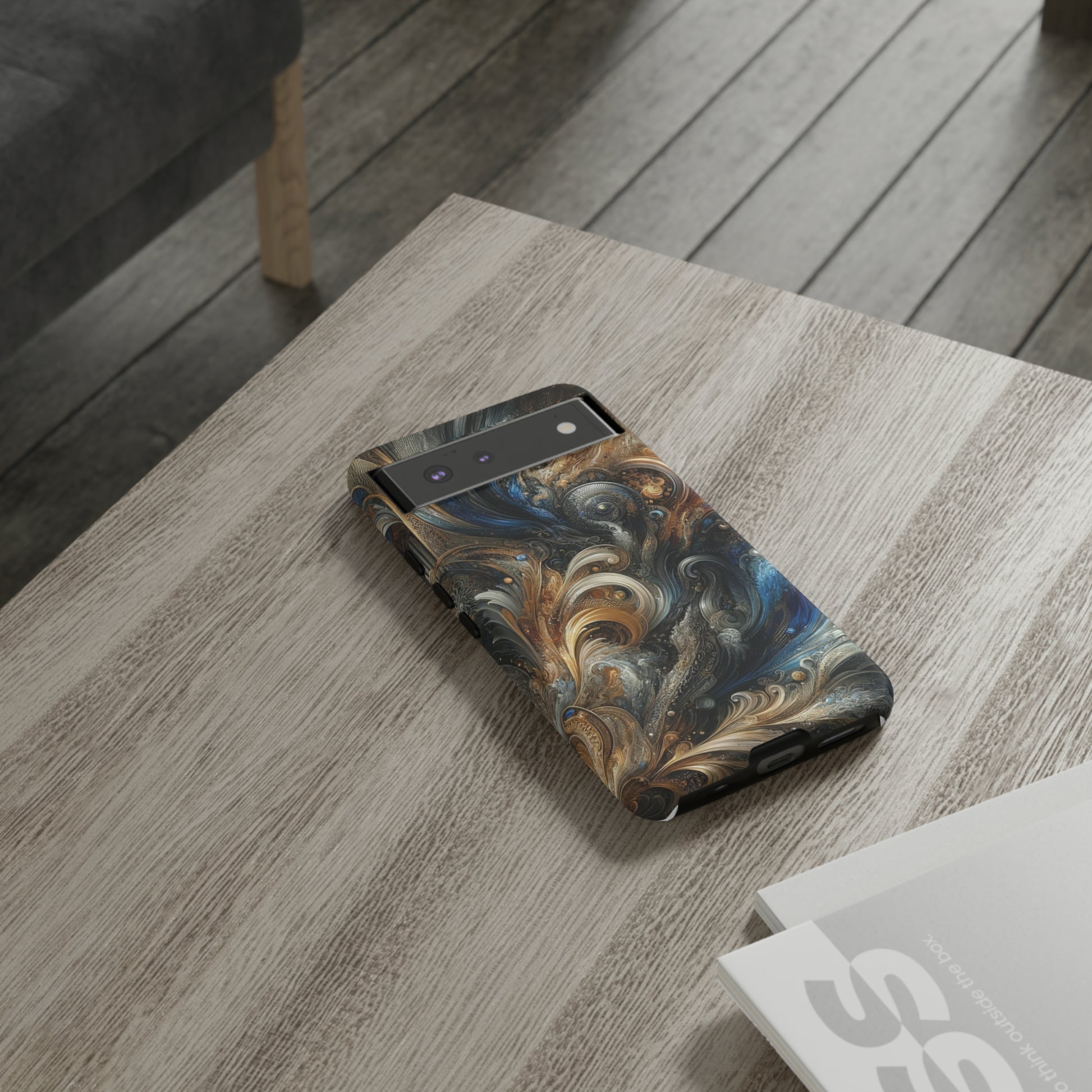 Gold and Navy Art Design Luxury Phone Tough Case Floral Elegant Durable Stylish for Modern Devices iPhone 15, Samsung iPhone Samsung Accessory Gift for Her.
