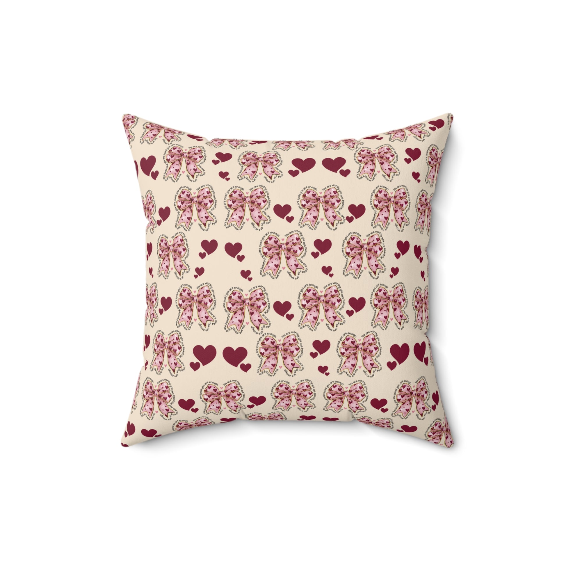 Charming Hearts & Pink Bows Square Pillow  Stylish Home Decor Accent for Living Room, Bedroom, or Gifts | Soft & Durable 100% Polyester with Double-Sided Print - MRSBYVALLE