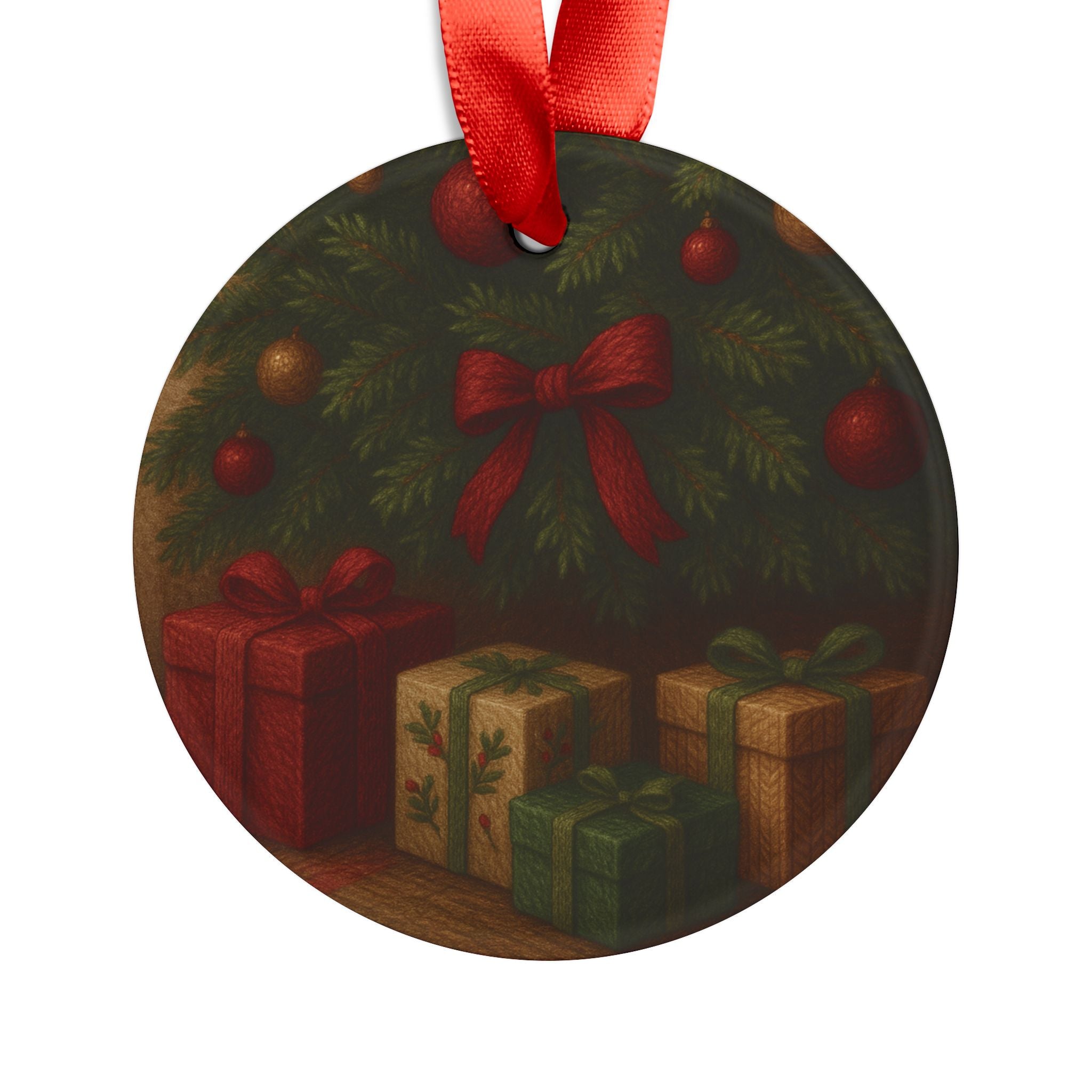 3D Illusion Christmas Ornament Elegant Tree with Gifts Design, Glossy Finish, Acrylic 2.90x2.90 in, Includes Red Ribbon for Hanging Tree Accent Gift for Family