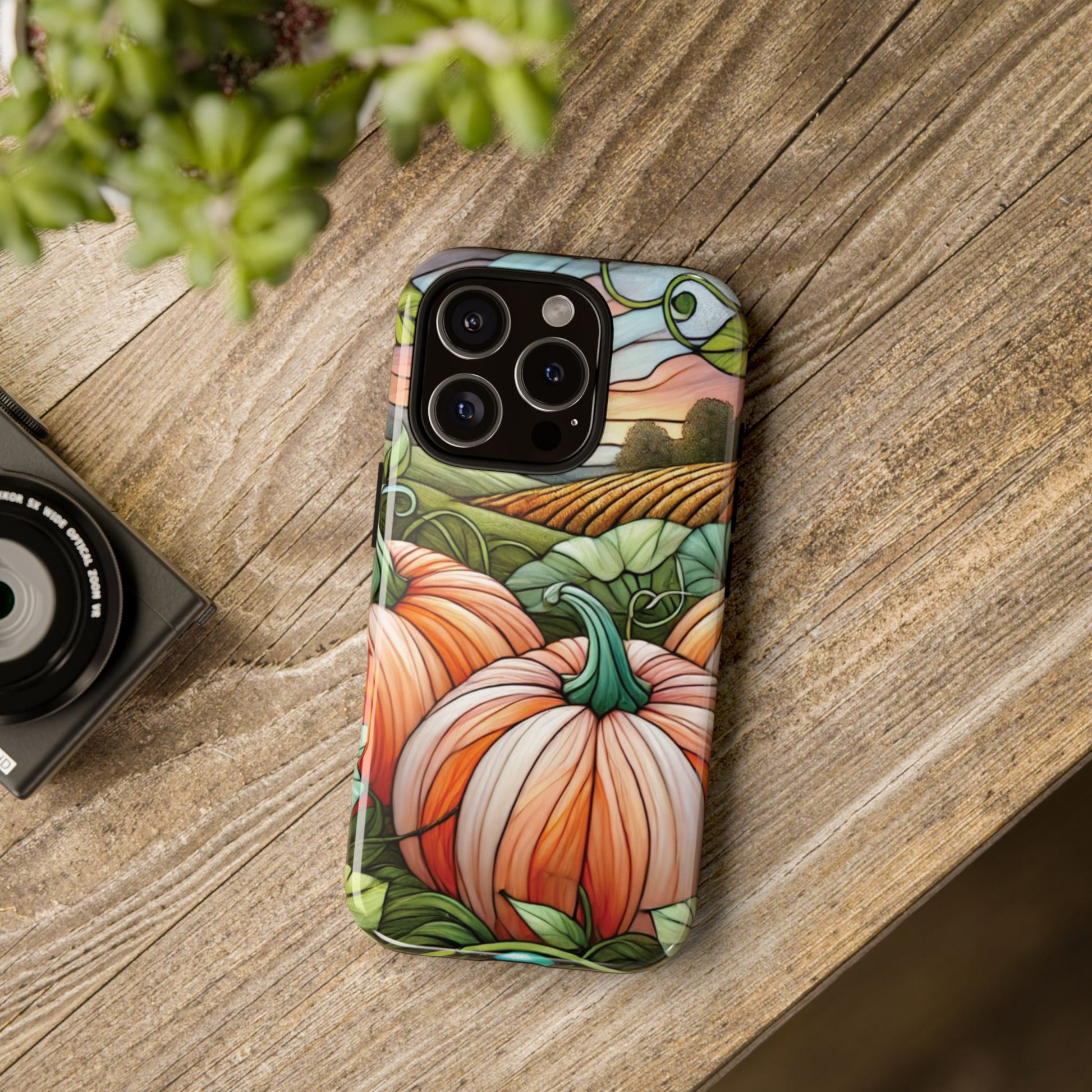 Pumpkins Phone Case Fall Faux Stained-Glass Thanksgiving Cover Pumpkin Lovers Gift for Galaxy S 24 23 22 21 Pixel 5 6 7 8 iPhone 17 , 16 15 14 13 12 Samsung iPhone Samsung Gift for Her