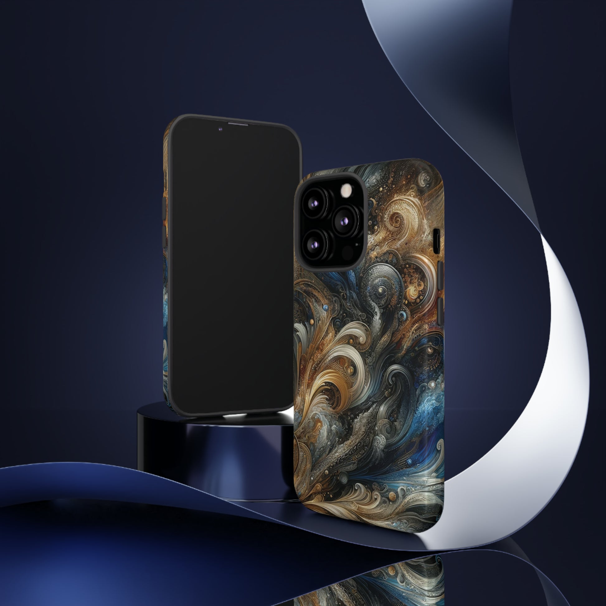 Gold and Navy Art Design Luxury Phone Tough Case Floral Elegant Durable Stylish for Modern Devices iPhone 15, Samsung iPhone Samsung Accessory Gift for Her.