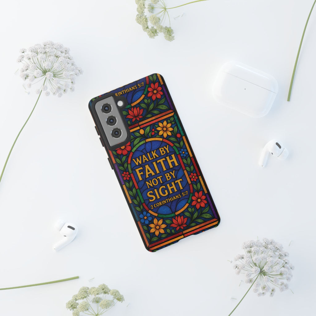 Walk by Faith Stain Glass Illusion Everywhere Christian Tough Phone Case with Bible Verse or Affirmation  Protective, Inspirational Gift for Christians