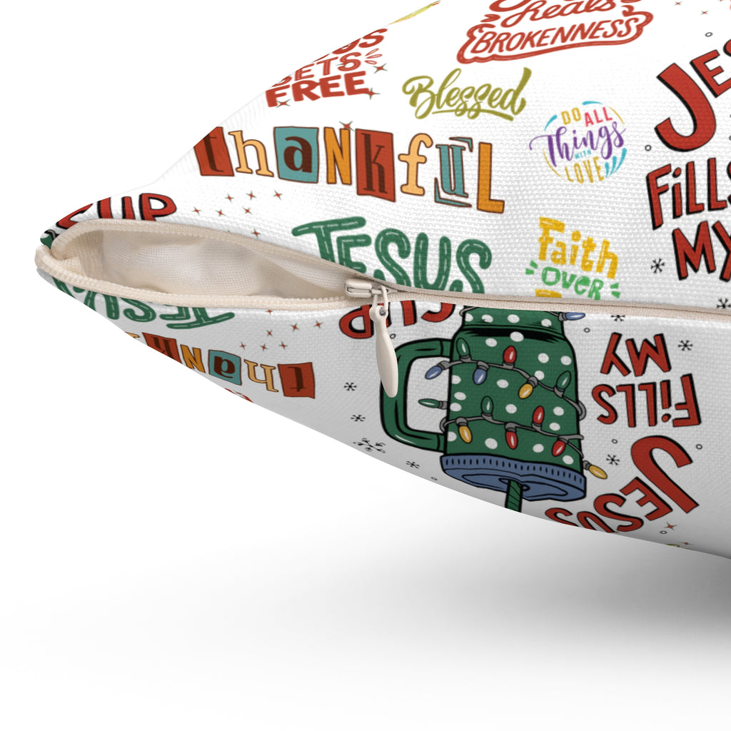 Coussin carré "Jesus Fills My Cup" – Verset biblique inspirant et affirmation chrétienne – Coussin décoratif pour la maison ou le bureau – Cadeau pour pasteur