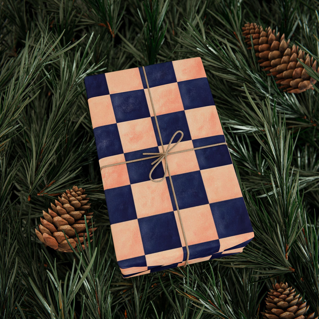 Navy and  Peach Checkerboard Wrapping Paper Wedding, Birthdays