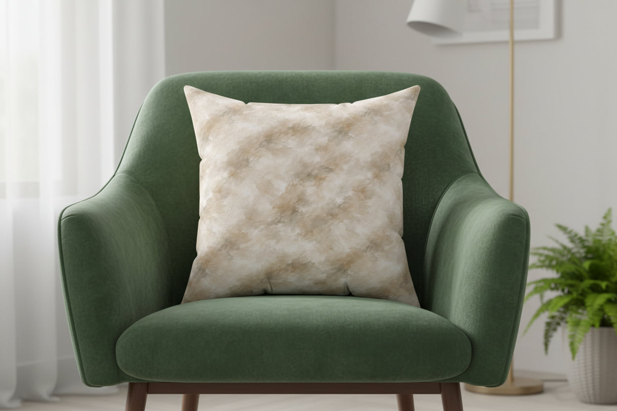 Beige and brown patterned pillow on a white background